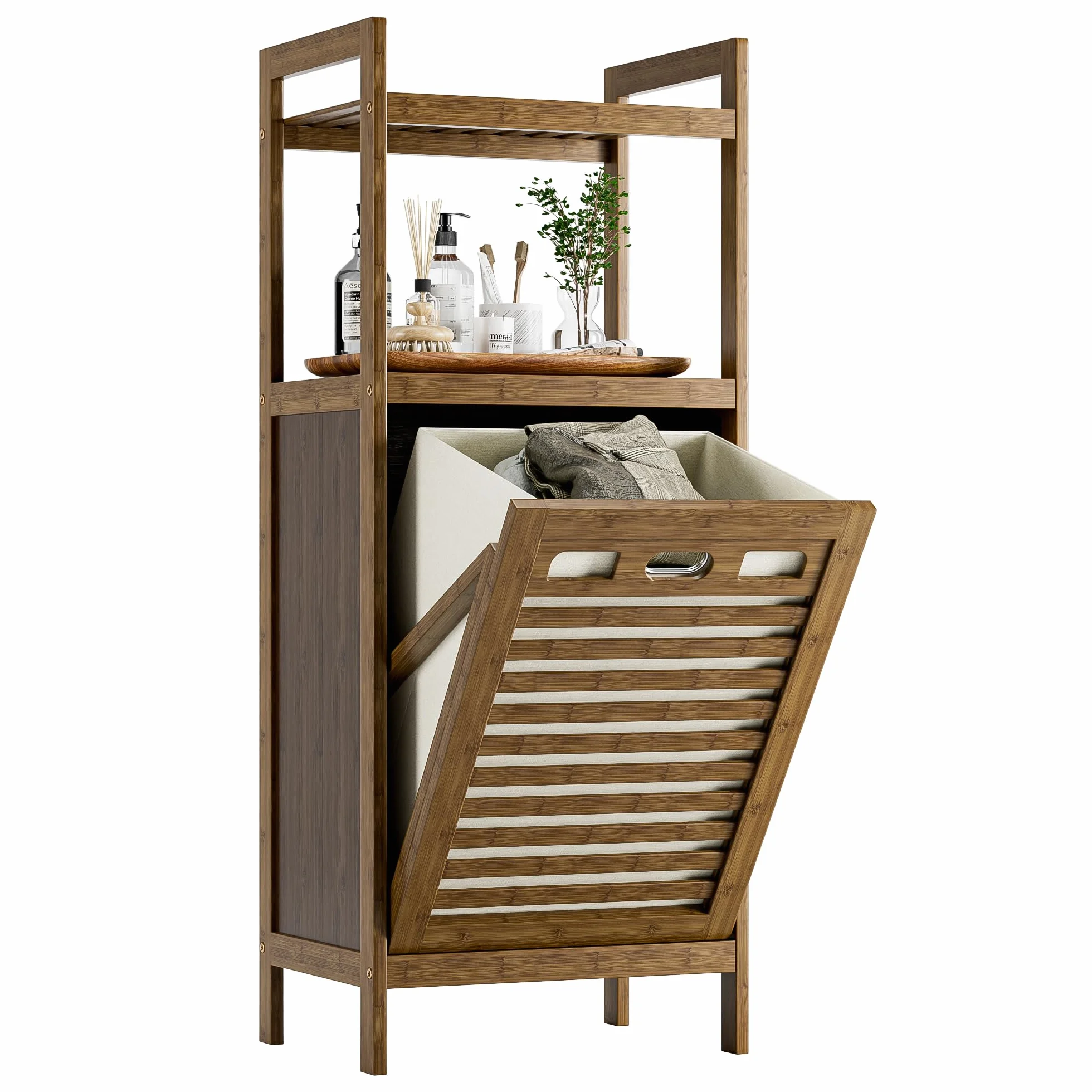 HITNET Mobile Bagno con Portabiancheria, Mobiletto Bagno da Terra in Bambù 2 Ripiani con 1 Cesto Portabiancheria, 40L Sacco Interno Rimovibile con Maniglie per Lavanderia e Camera da Letto, Noce
