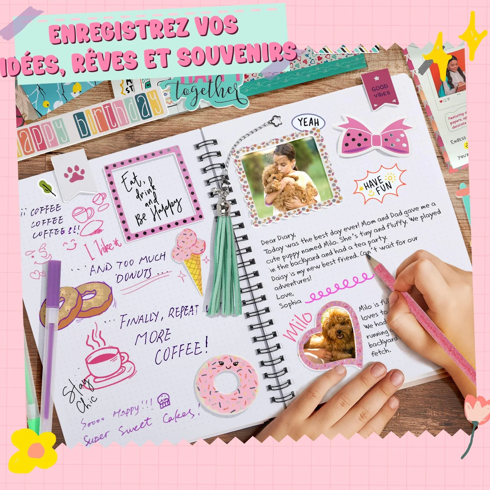 EDUMAN Scrapbook Accessorio Set, Bullet Junk Journal Set con Journaling Scrapbook Accessorio, A5 Raster Notebook, DIY Scrapbook Regalo per Ragazze (Rosa)