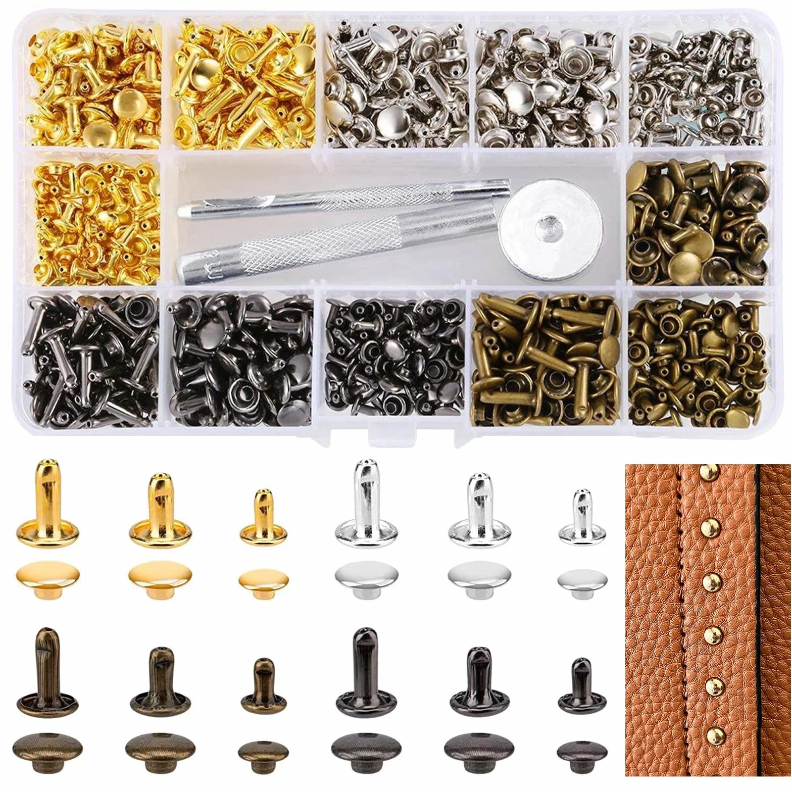 360 Set Rivetti per Cuoio 3 Taglie Rivetti di Pelle Doppio Tappo Tubolare Ribattini per Cuoio Rivettato Viti in Metallo con 3 Pezzi Strumento di Fissaggio borchie per Vestiti, Scarpe, Choker