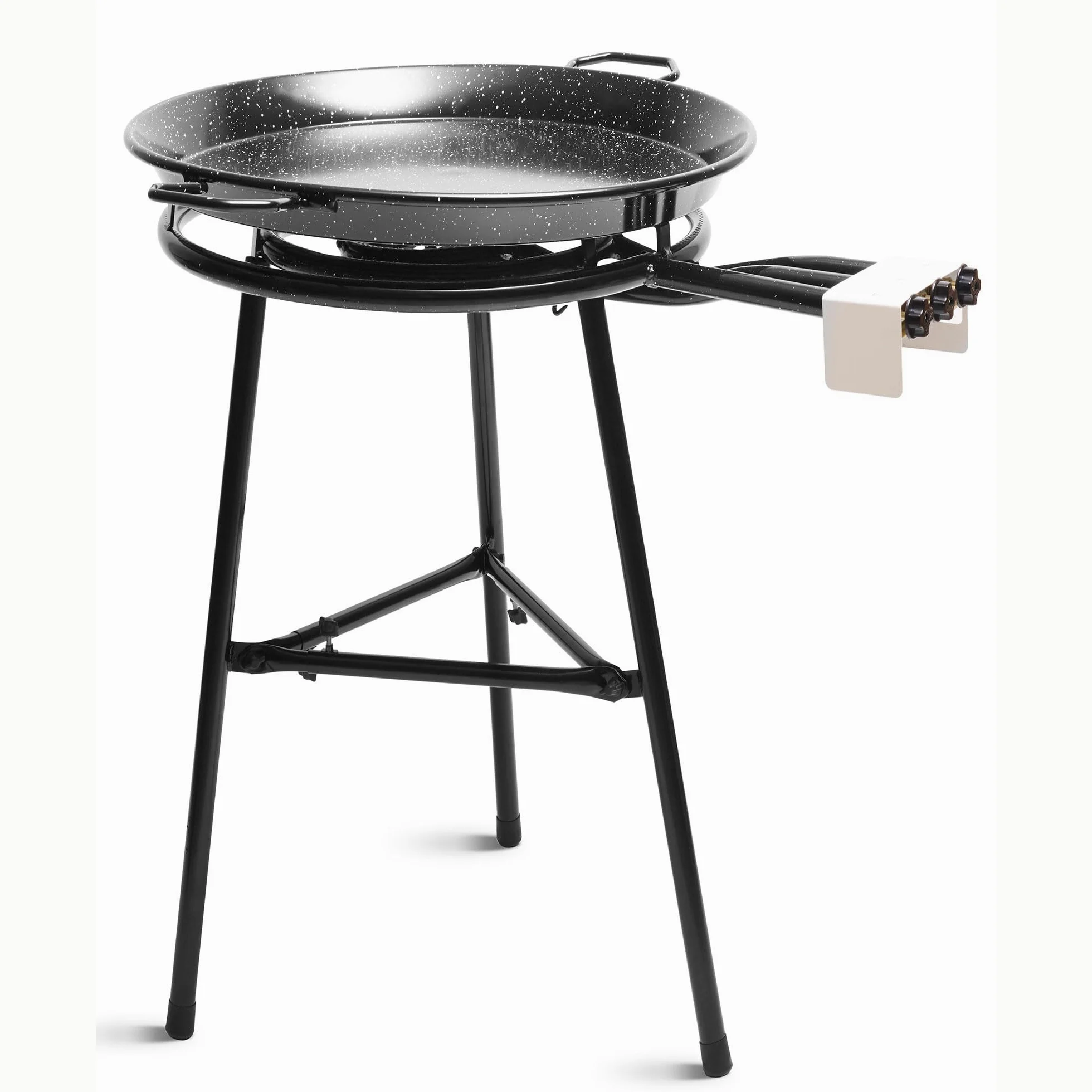 briebe Set Bruciatore a Gas Paellero 3 Fuochi 60-40-20 cm + Padella per Paella Smaltata 65 cm 22 Porzioni + Supporti 3 Gambe, Robusto Treppiede Regge Fino a 200 KG, Kit Paella
