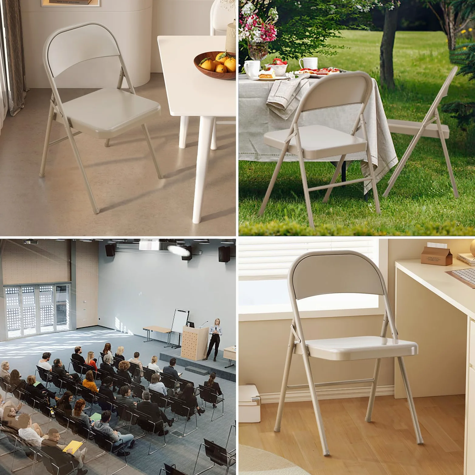 KAIHAOWIN Set 4 Sedia Pieghevole in Metallo, Sedie Pieghevoli Salvaspazioin, sedia pieghevole acciaio, Sedie Pieghevoli da Interno per Riunioni, Ufficio, Feste di Nozze, Eventi, Beige