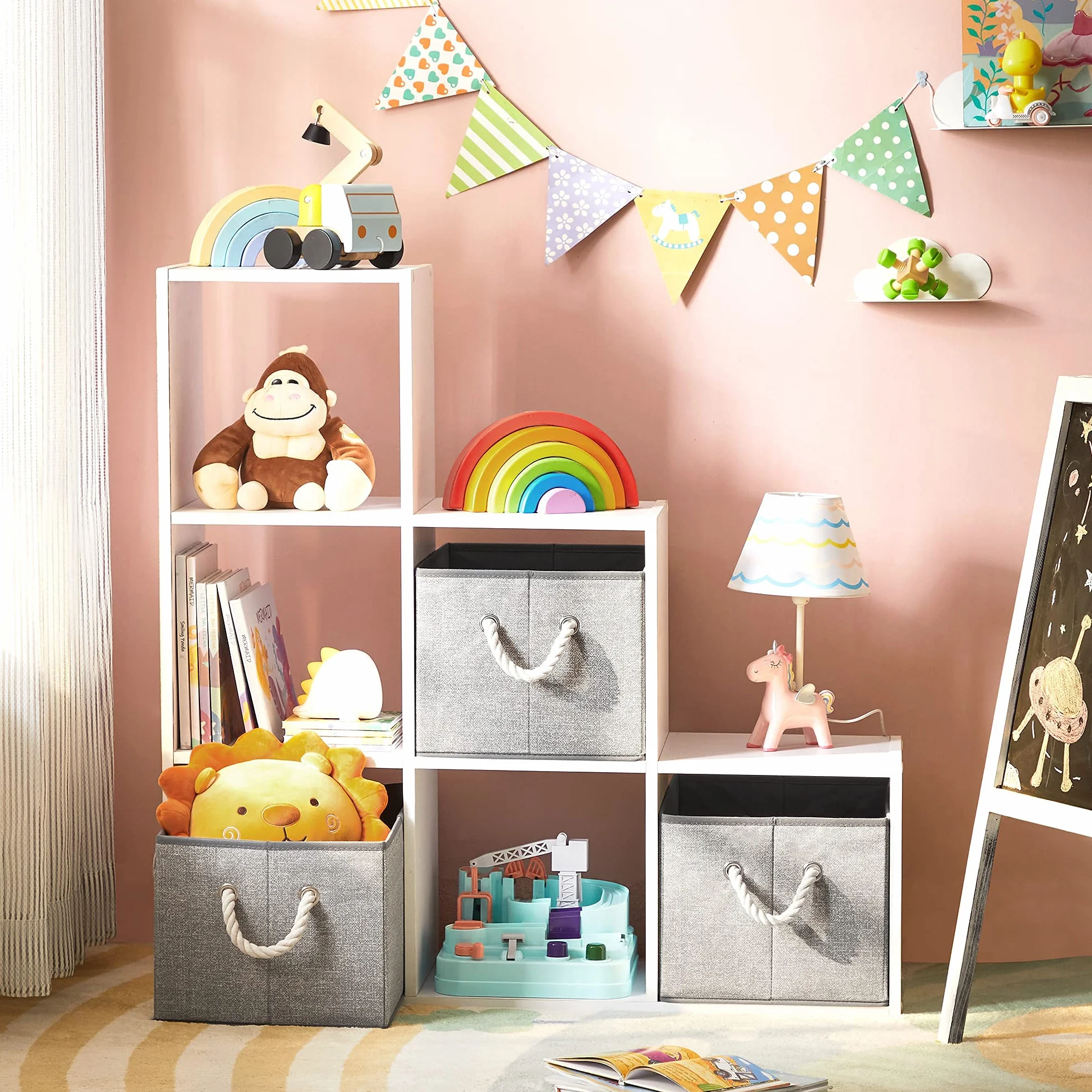 SONGMICS Scatole Portaoggetti in Tessuto, Set di 3 Contenitori con Manico, senza Coperchio, Organizzatori, 40 x 30 x 25 cm, Effetto Simil Lino, Grigio RFB013G01