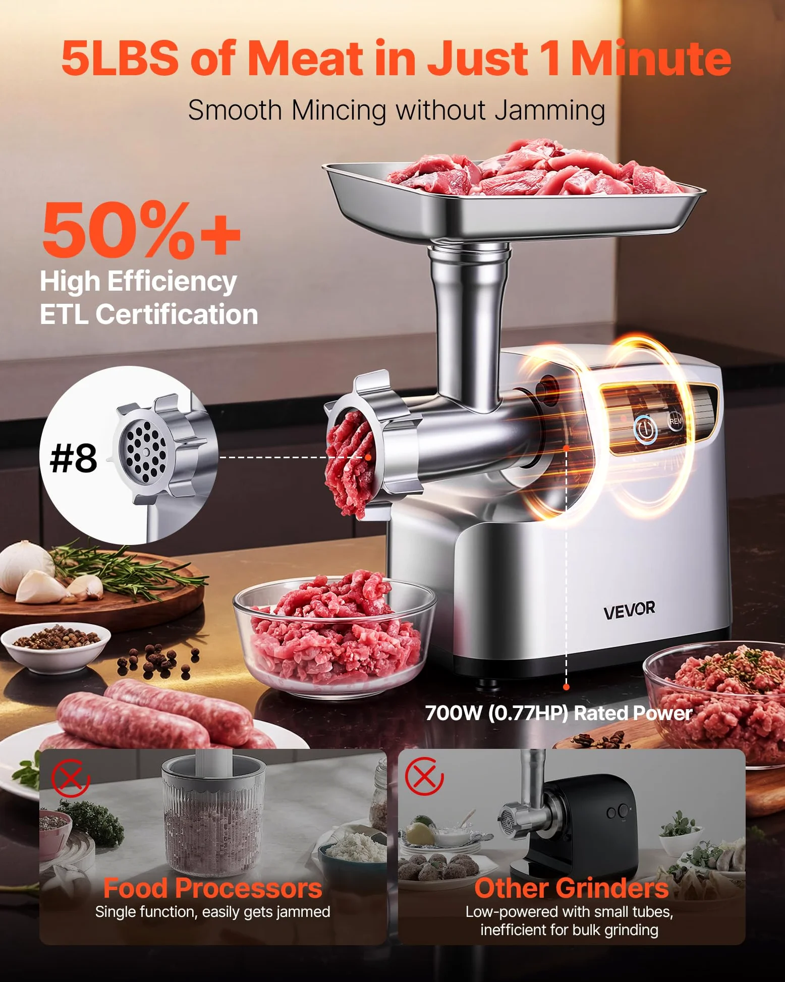 VEVOR Tritacarne Elettrica 700 W da Cucina in Acciaio Inox, Tritacarne Capacità 2,3 kg/min con 3 Dischi 3 Tubi per Salsicce Salami Carne con Piedini Antiscivolo, Cucina Commerciale Ristorante Hotel