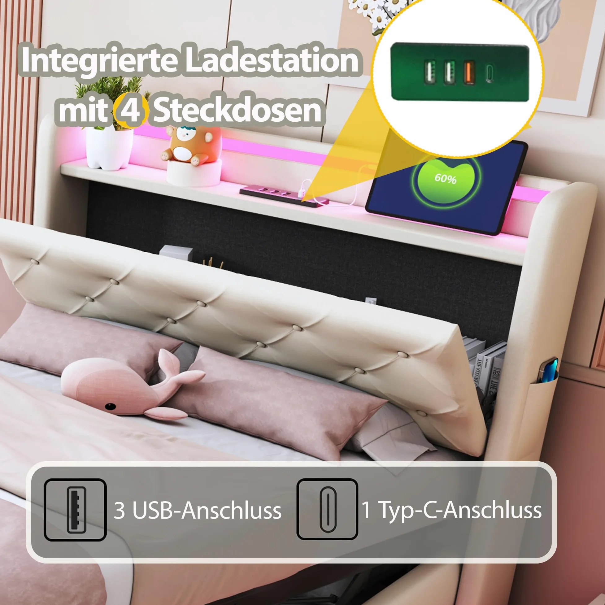 Ymkua Letto Imbottito Letto Singolo 90x200 cm, Bed contenitore con LED e USB Porta, Idraulici Bed frame per Bambini con Struttura Rete a Doghe e Testata Ribaltabile, Linen, Senza Materasso (Beige)