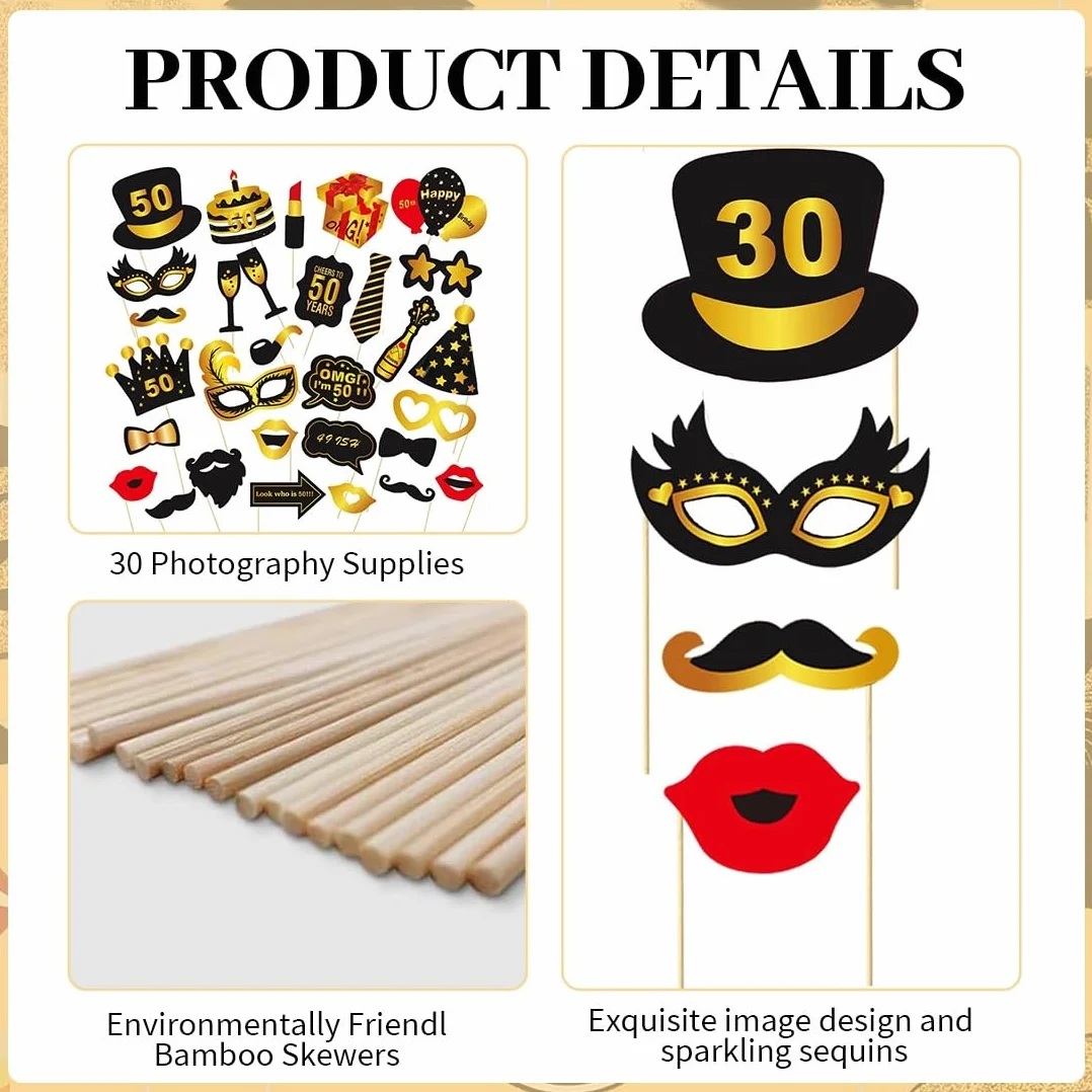 Accessori Photo Booth Decorazione Compleanno 50 Anni Nero Oro, Decorazione Tavolo per Feste