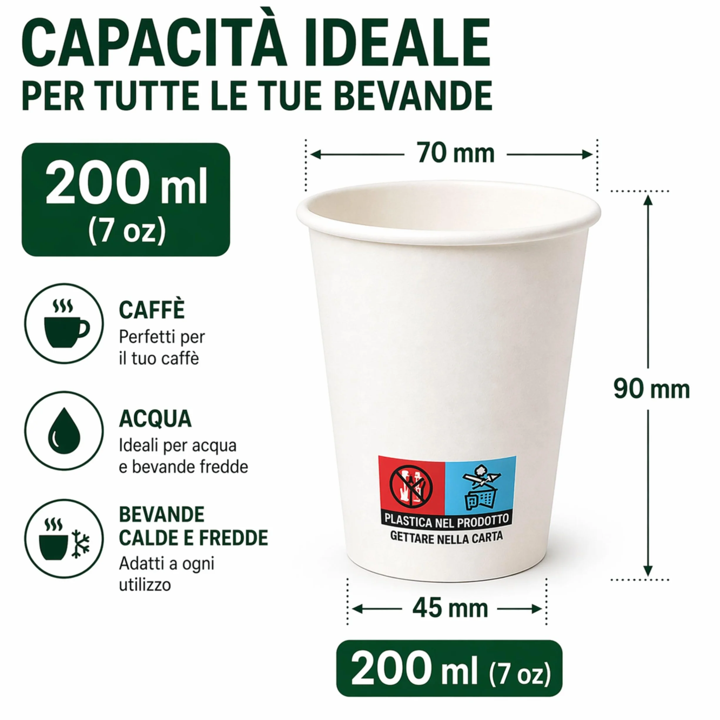 Bicchieri Carta 200 ml Monouso Bianchi MP ECO SOLUTION 1000 per Acqua e Bevande Calde Made in Italy
