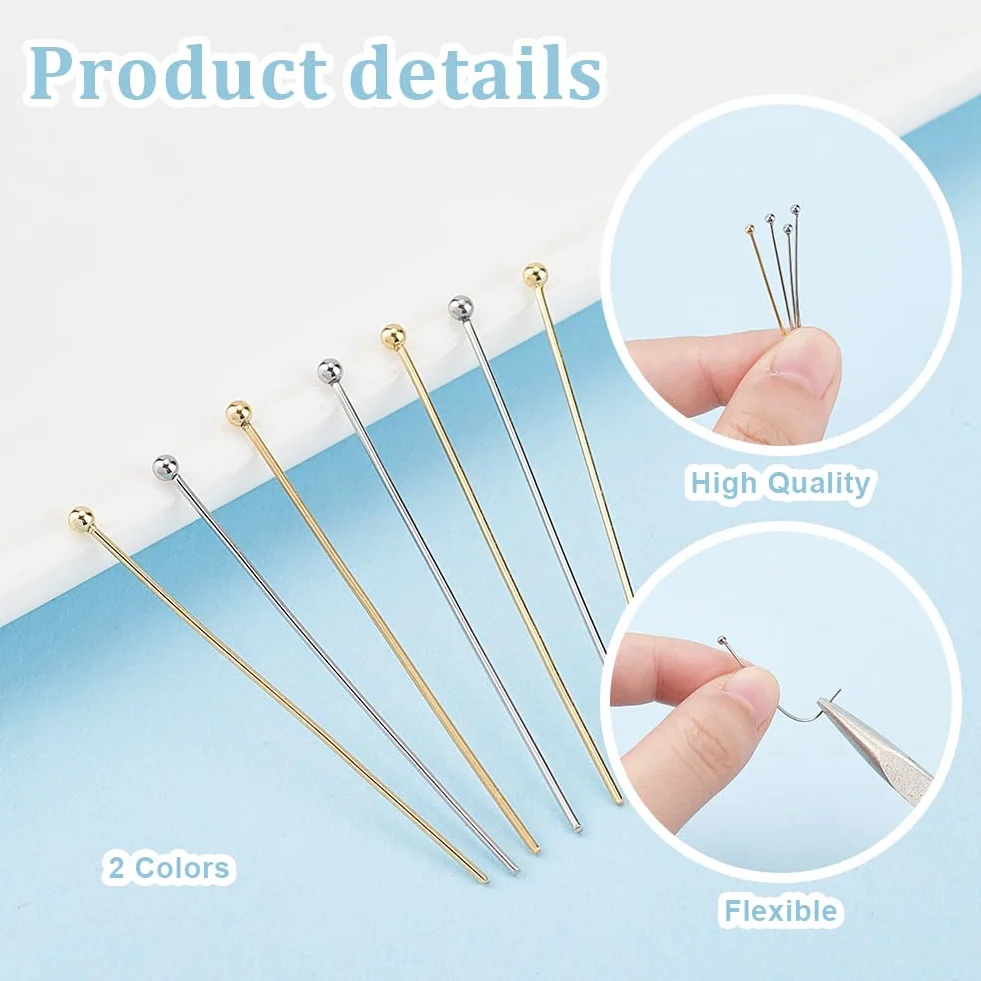 PH PandaHall 200pz Perni con Testa Tonda 40mm Chiodini Testa con Pallina in 304 Acciaio Inox, Spilli Dritti per La Creazione di Gioielli Orecchini Ciondoli Bracciali Collane Fai Da Te, Oro/Argento