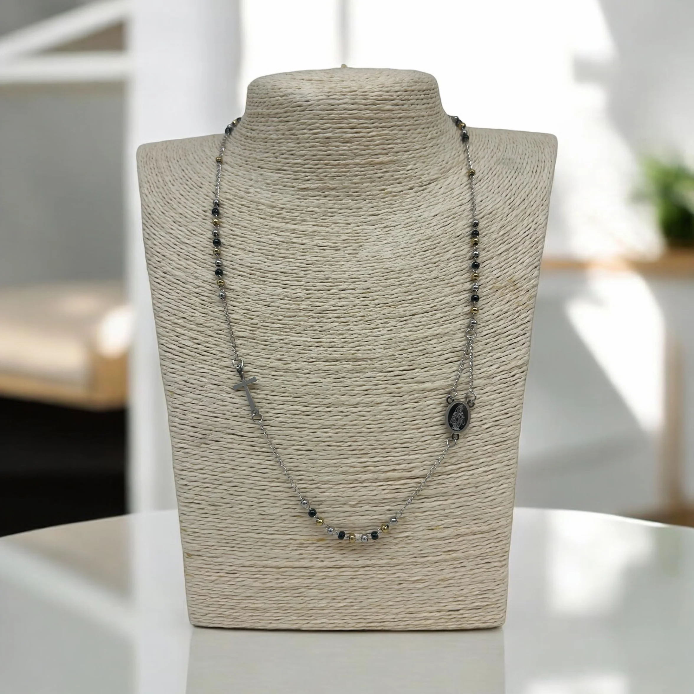 Rosario Donna Uomo Acciaio Inox 316L Argentato Dorato Nero Anallergico - Confezione Regalo