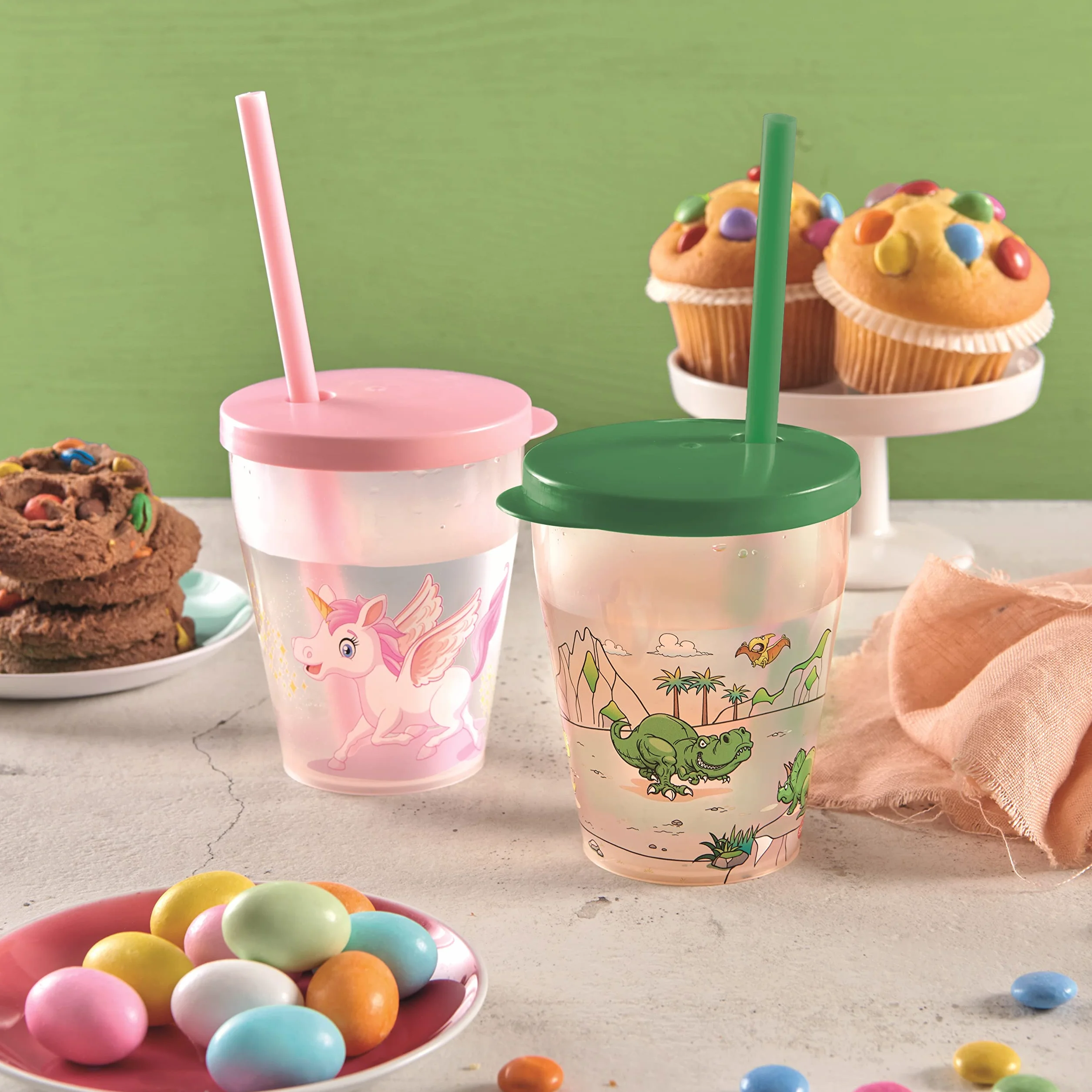 Bicchieri Riutilizzabili con Coperchio e Cannuccia 385 ml Set 4 Pezzi Unicorno Made in Italy