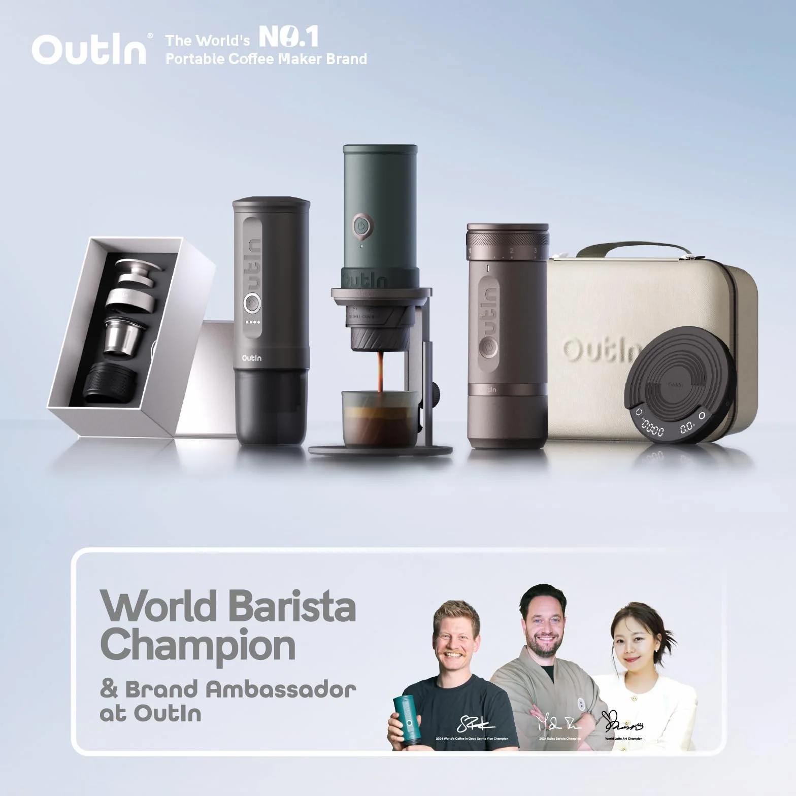 OutIn Nano Macchina da caffè espresso elettrica portatile, caffettiera da viaggio per il campeggio, caffettiera da auto auto-riscaldamento con USB-C, con caffè macinato e capsula NS