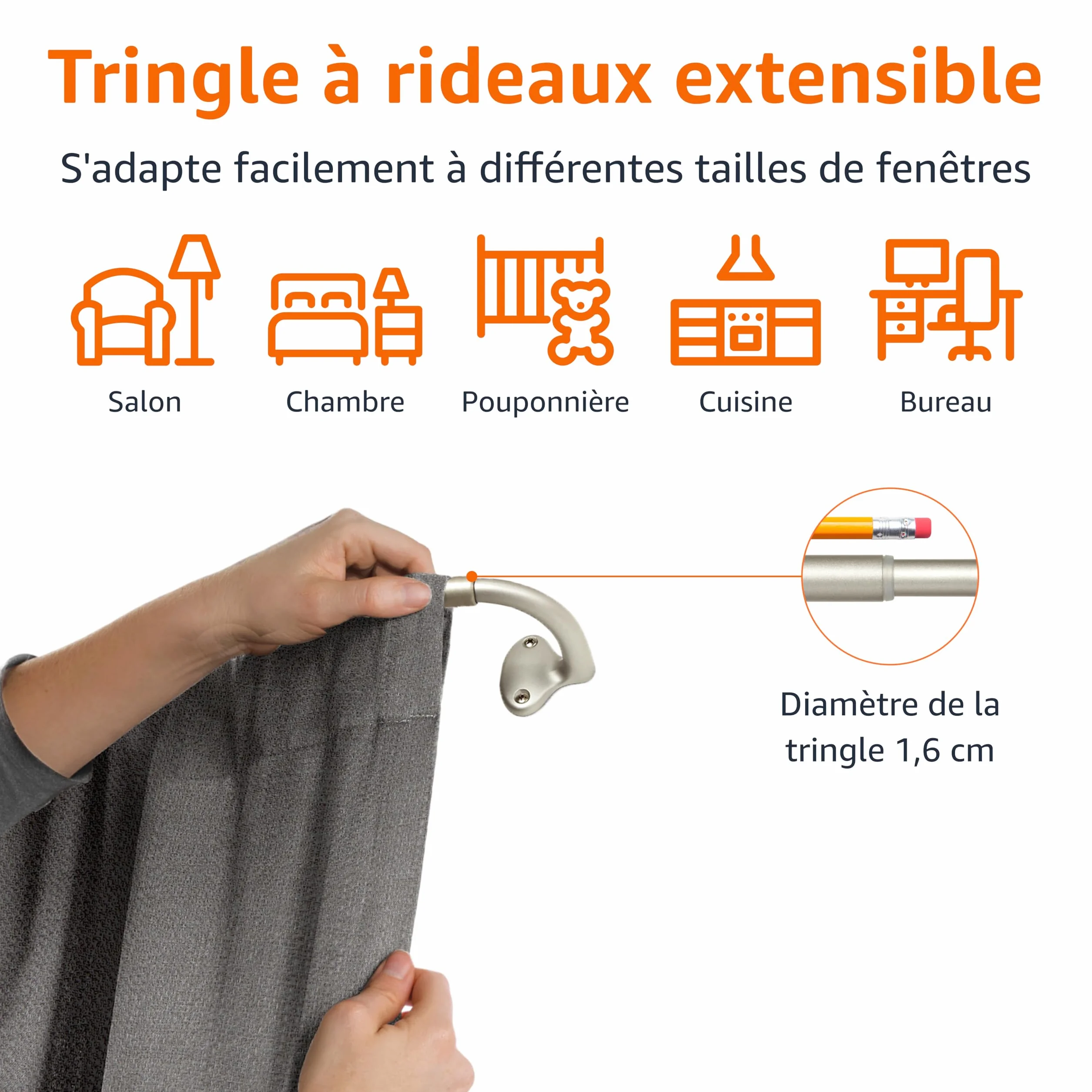 Amazon Basics Bastone per tenda estensibile per interni, asta curva, 122-224 cm, nichel