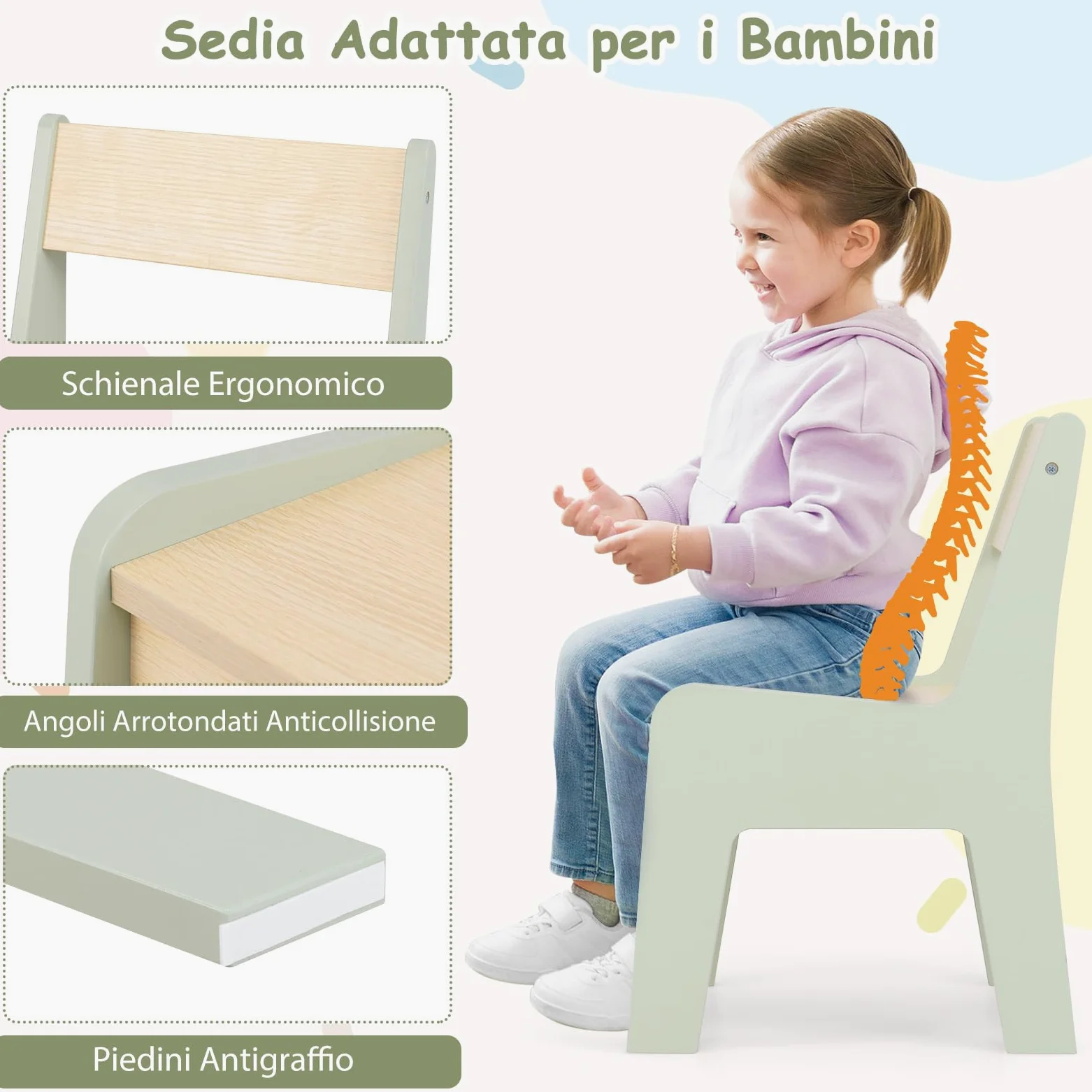 RELAX4LIFE Set Tavolo e Sedia 2 in 1 per Bambini, Scrivania in Legno con Piano Bifacciale Rimovibile, Ampio Spazio Archiviazione, Design Multifunzionale per Camera dei Bambini (Verde+Naturale)