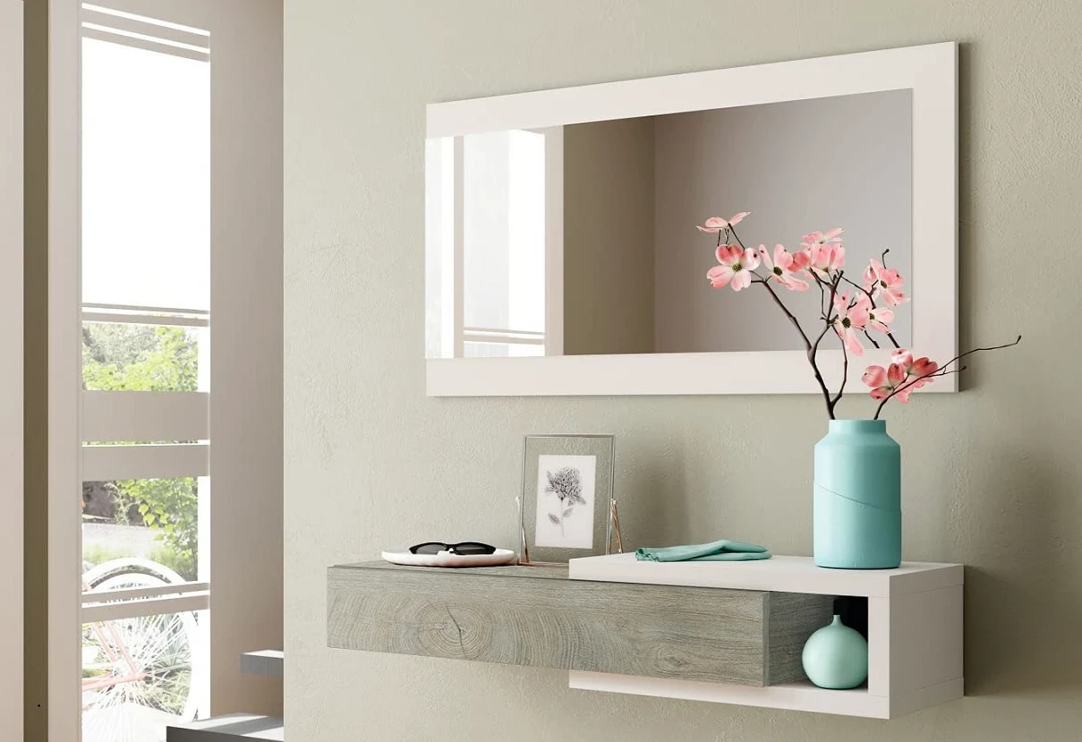 Mobile da Ingresso sospeso Bianco Opaco e Rovere con cassetto e Specchio - Rovere e Bianco