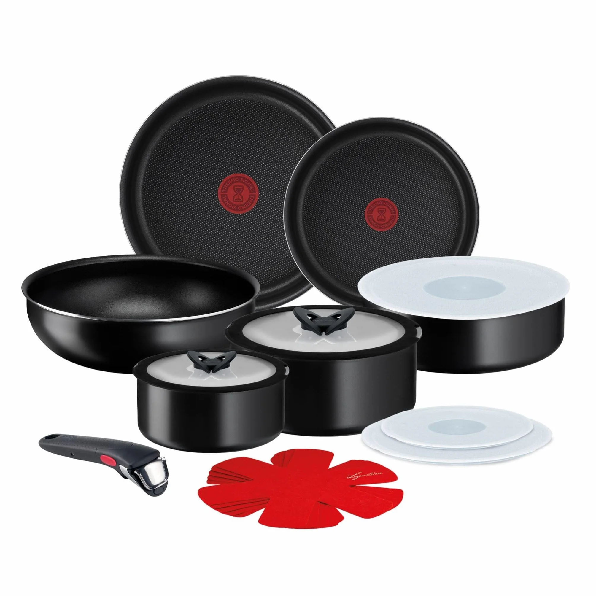 Lagostina Ingenio Essential Plus Set di Pentole, Alluminio per Gas e Forno (no induzione), 17 Pezzi, 2 Casseruole Fonde, 2 Padelle, Tegame, Wok, 5 Coperchi, 5 Proteggi Padella e Manico Removibile