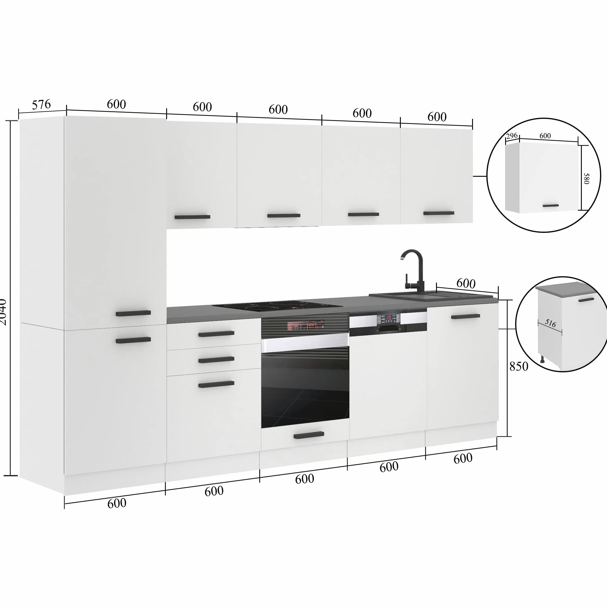 Belini, Rose - Cucina monoblocco, 300 cm, cucina componibile, senza elettrodomestici, con armadietti pensili e mobiletti, senza piani di lavoro, bianco lucido