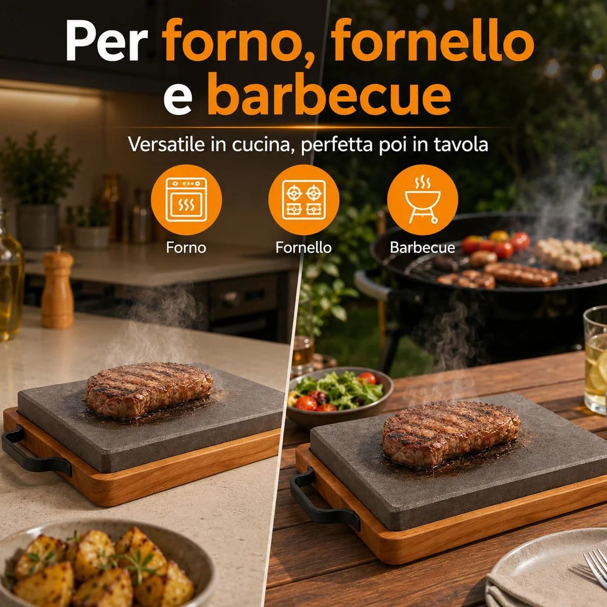 Piastra Rettangolare in Pietra Lavica 30x20,5 cm con Vassoio Legno Bistecchiera Nero Marrone