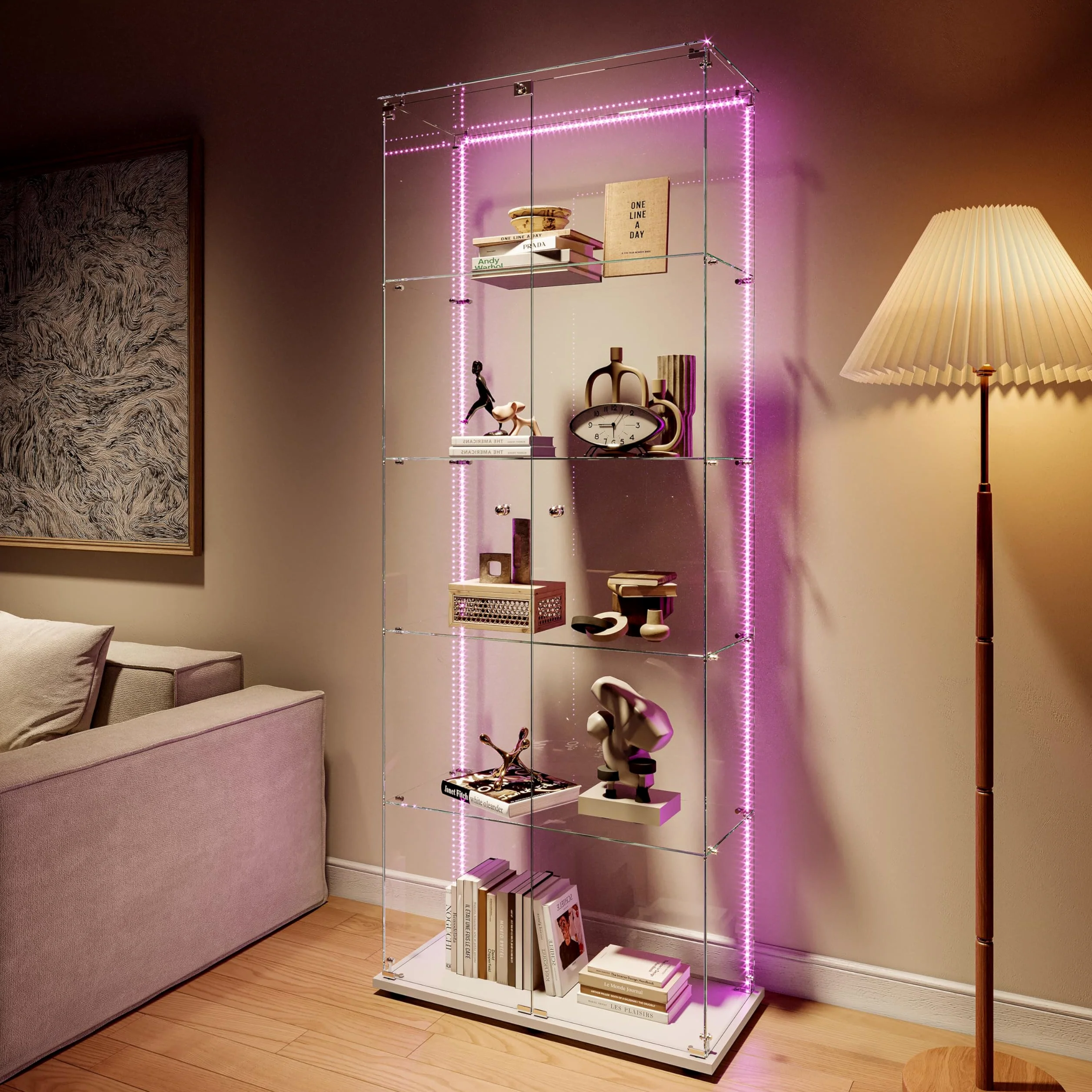 Vetrinetta in vetro da esposizione, Vetrinetta in piedi con LED, 5 strati di vetro, legno, vetrina in vetro, vetrinetta con 2 porte e serratura, vetrina in vetro, vetrinetta da esposizione per