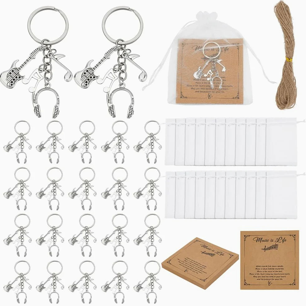 OLYCRAFT 24 Set Portachiavi a Tema Musicale con Chitarra Cuffie Note Musicali Portachiavi con Ciondoli Strumenti Musicali con Card Bustina in Organza per Musicisti Coro Decorazioni per Feste in Casa