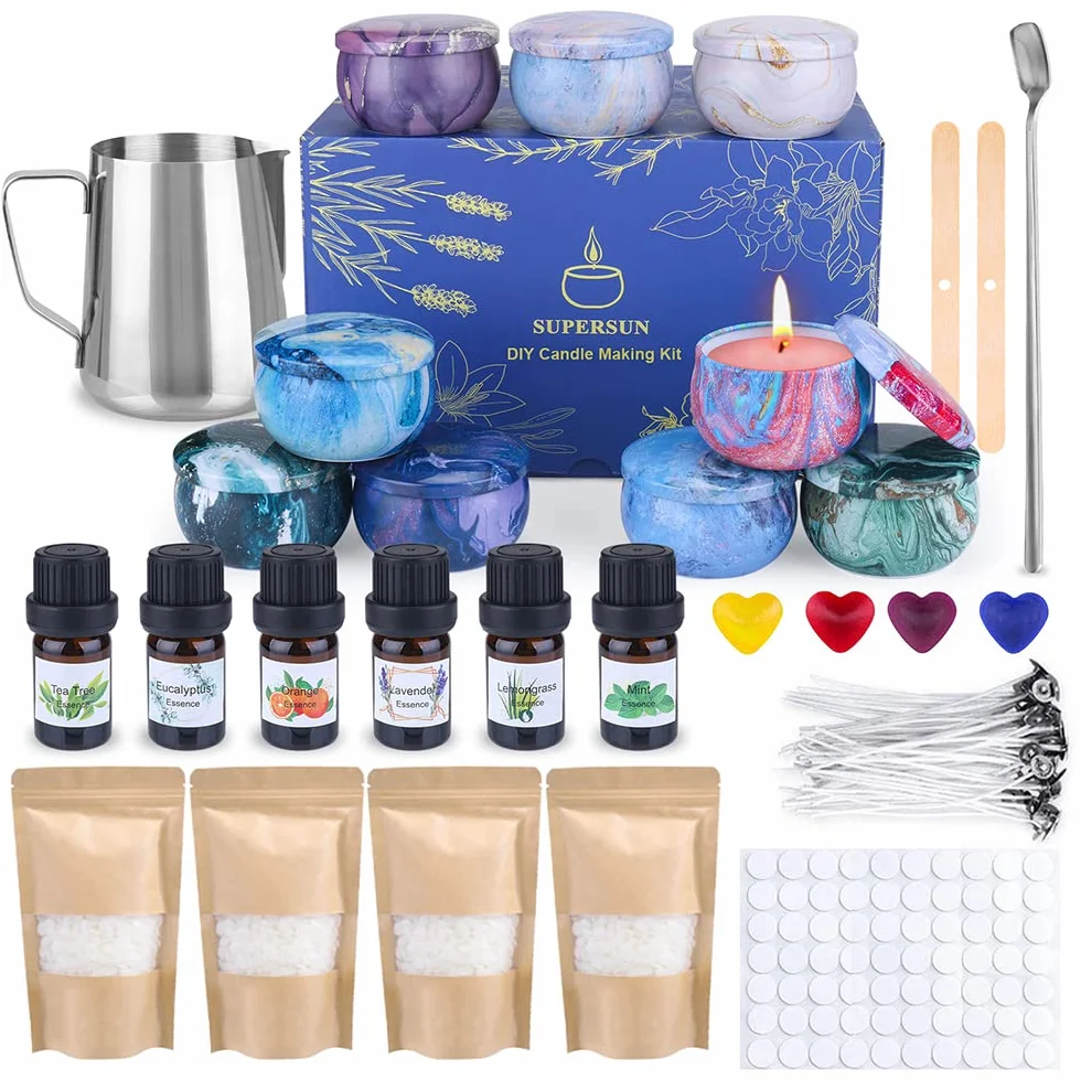 SUPERSUN Kit Fabbricazione Candele, 480g Cera d’api Naturale, 100 Stoppini Cerato, 9 Barattoli Latta
