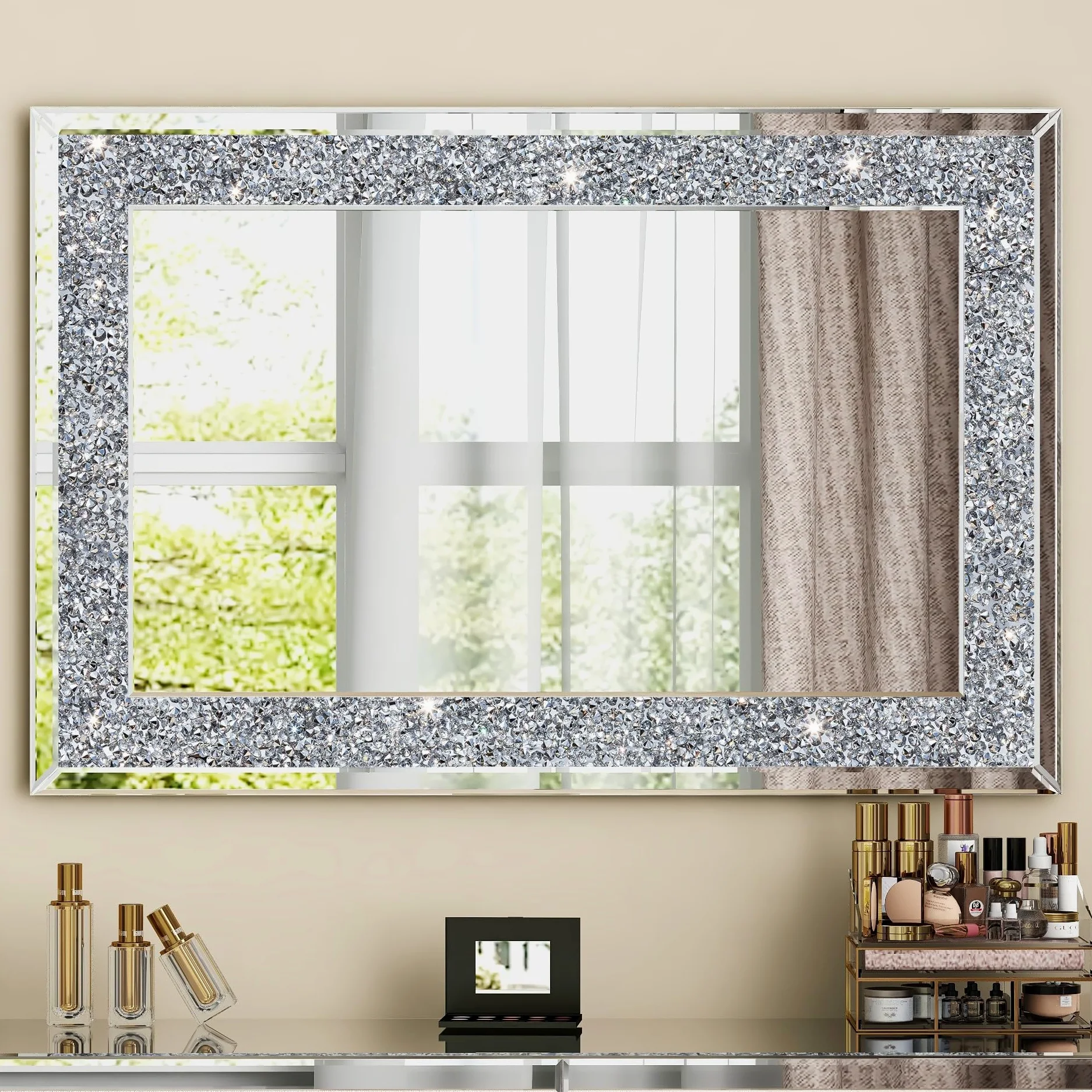 SHYFOY Specchio da Parete Rettangolare | Specchio Decorativo da Parete con Decoro Diamante in Cristallo | Specchio Grande e Lussuoso per Bagno Soggiorno Camera da letto Ingresso | 90 x 60 cm |