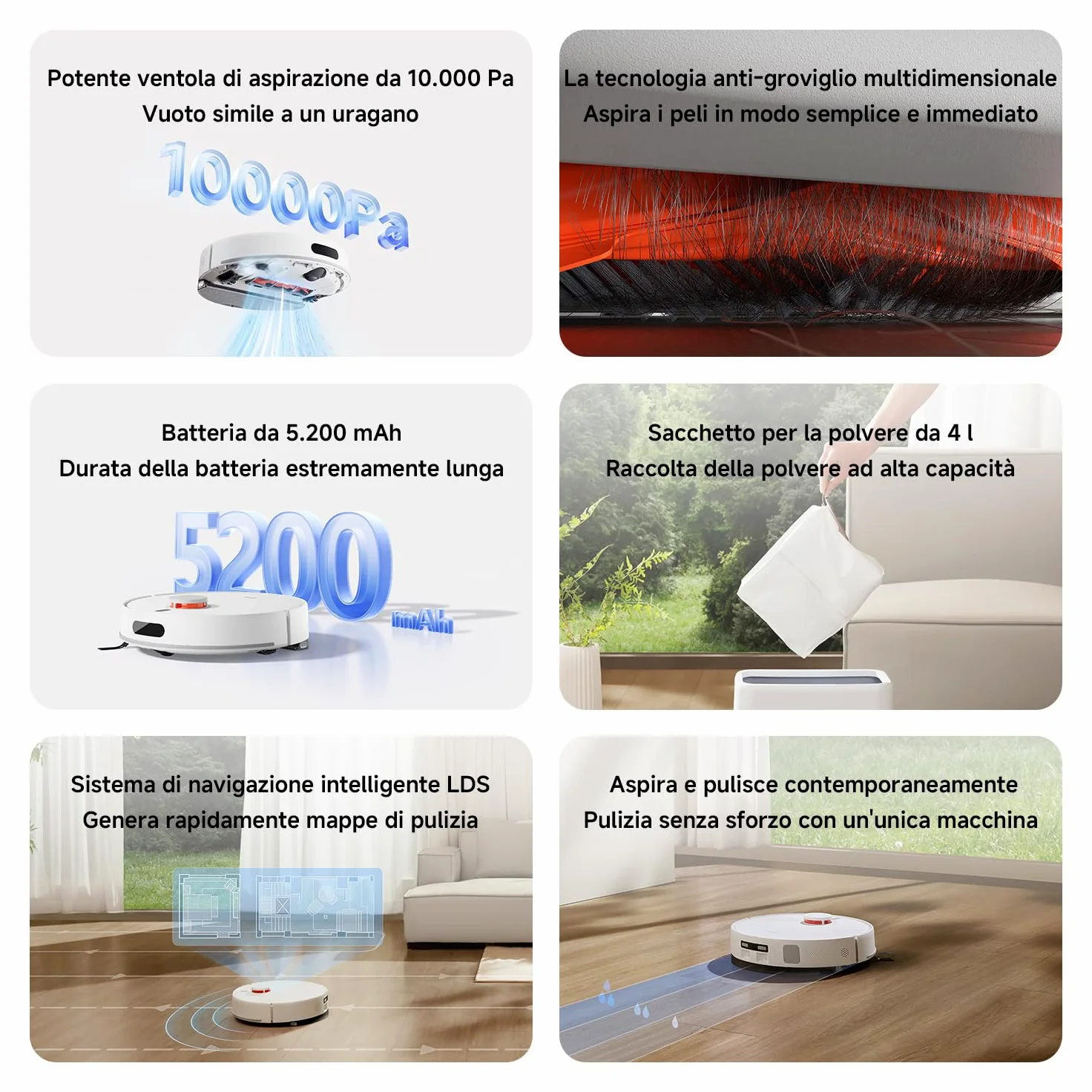 XIAOMI Robot Vacuum H40, Aspirapolvere e Lavapavimenti all-in-one, Potenza di Aspirazione 10.000Pa, Mappatura ad alta precisione con LDS, Ideale per Tappeti a Pelo Corto e Pavimenti Duri