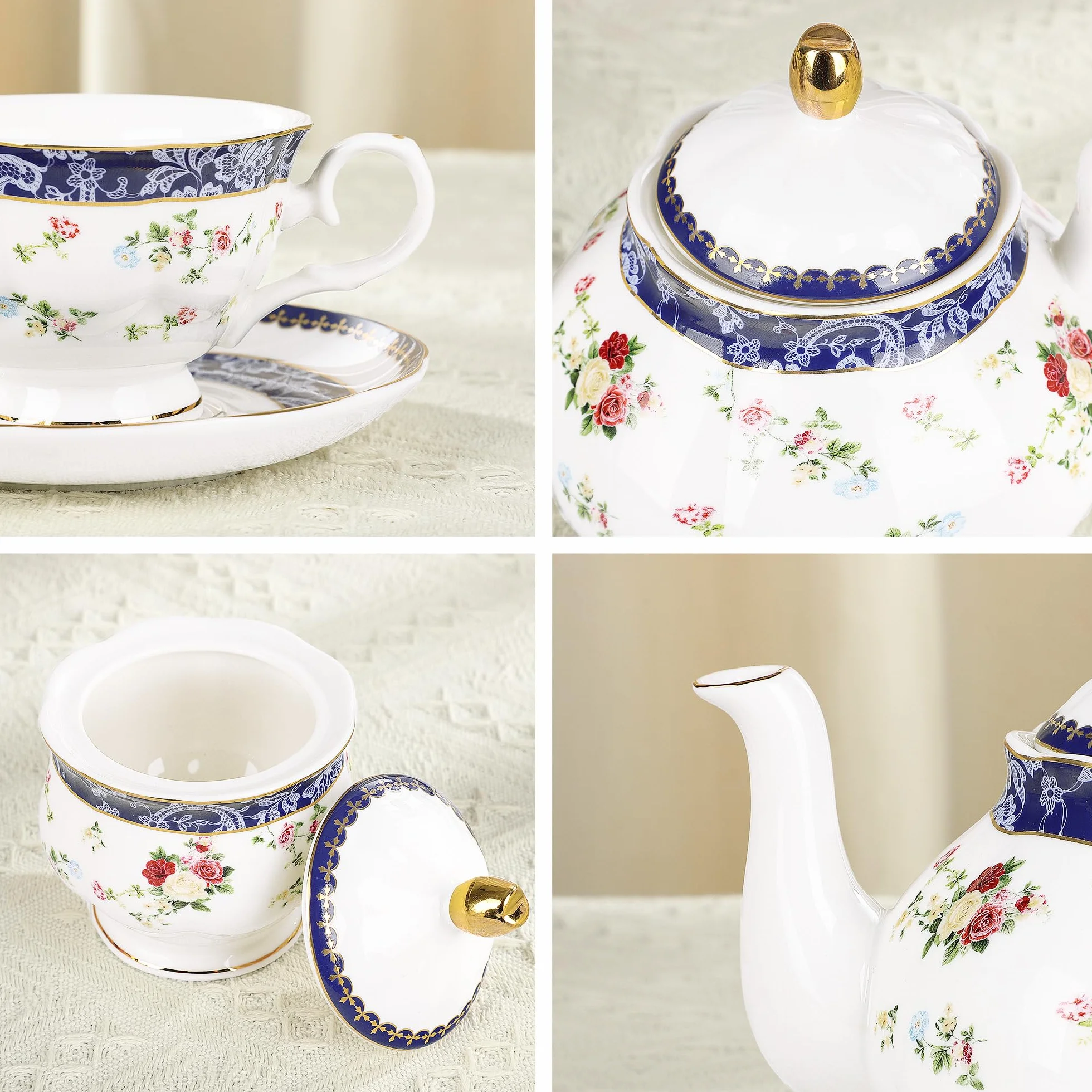 fanquare 21 Pezzi Set da Tè Pomeridiano Britannico con Rose Blu, Moderno Set di Teiere in Porcellana, Set di Tazze da Caffè Vintage con Piattino, Servizio da Tè per Adulti per 6 Persone