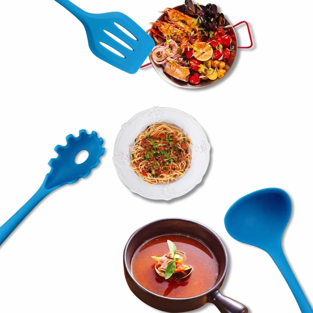 Hoshen, set di 10 utensili da cucina in silicone antiaderenti, 5 colori, stile 10 pezzi, spatola da cucina resistente al calore - Blu