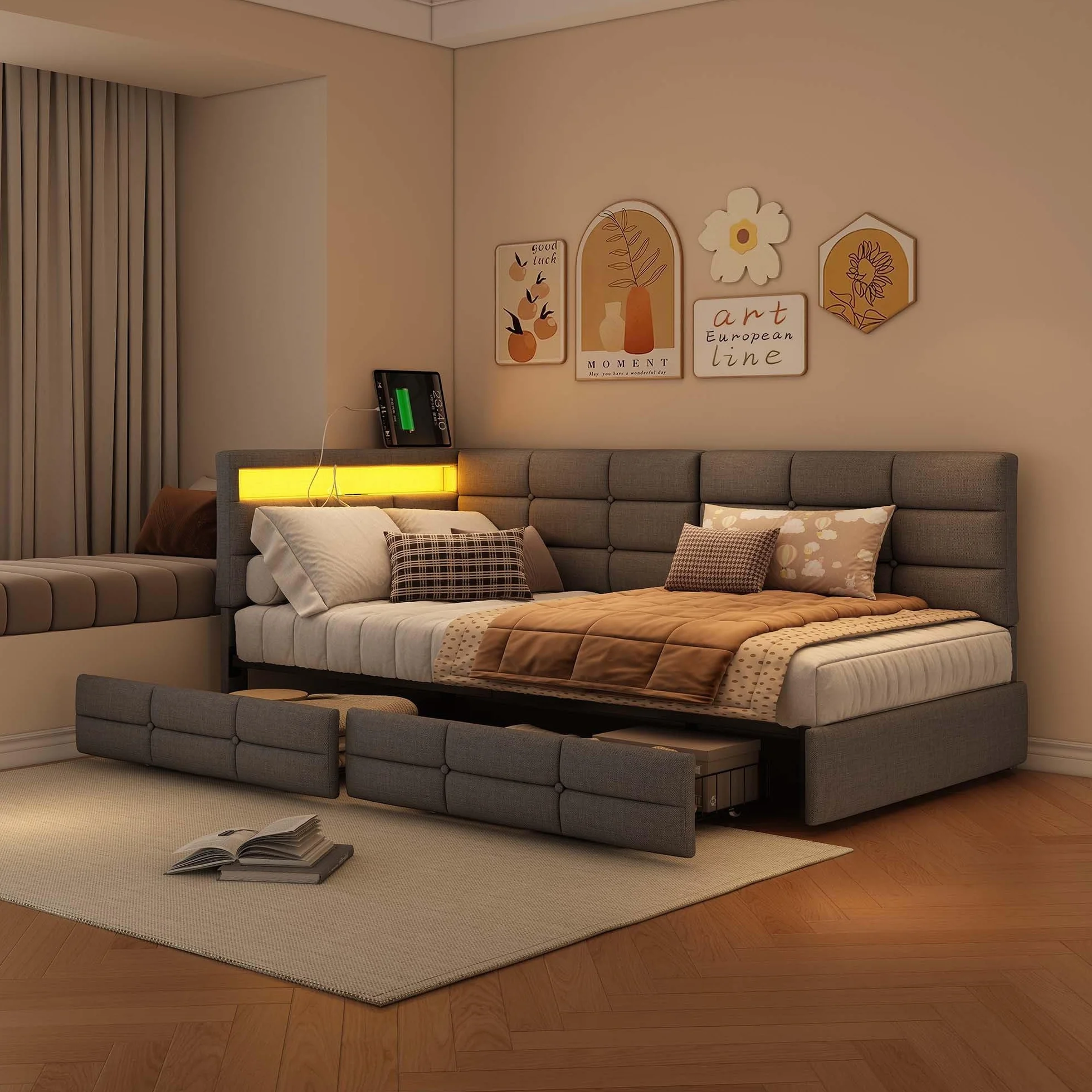 letto singolo 90 x 200 cm, con LED e stazione di ricarica USB, letto per ragazzi con 2 cassetti e rete a doghe, letto per gli ospiti, struttura del letto senza materasso