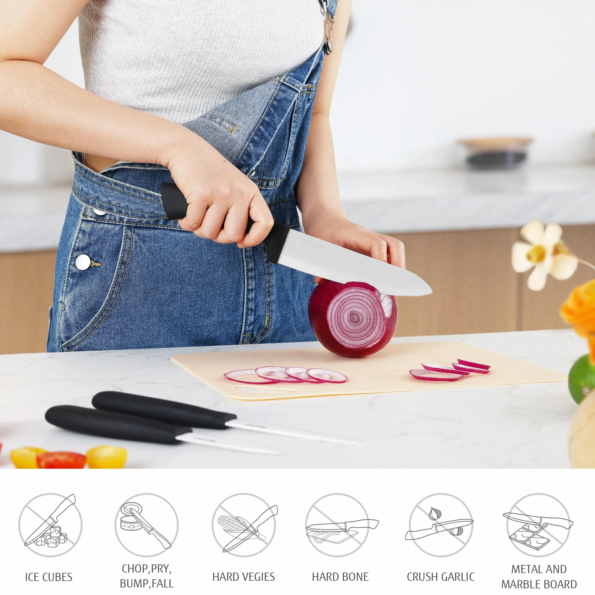 Set di Coltelli in Ceramica 3 pezzi Professionali da Cucina 6'' 4'' 3'' Bianco