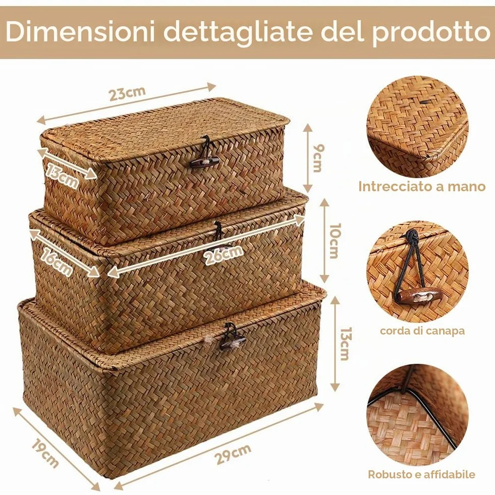 Cesto in rattan con coperchio 3 pezzi, portaoggetti in giunco marino naturale, intrecciato per scaffale