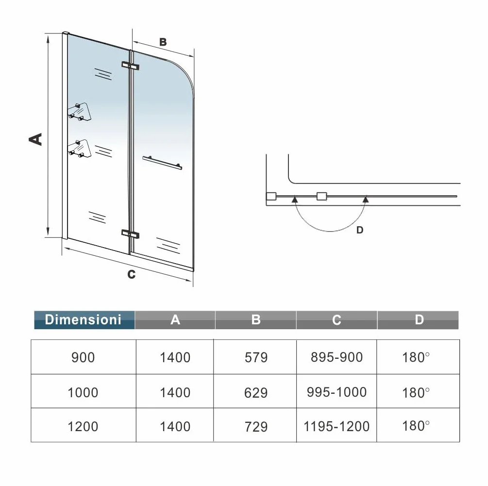 Mato Sopravasca H.140cm Parete Doccia Per Vasca Girevole inclusi Due Ripiani Vetro Temperato Trasparente 5 mm Maniglia Porta Asciugamani 90 cm
