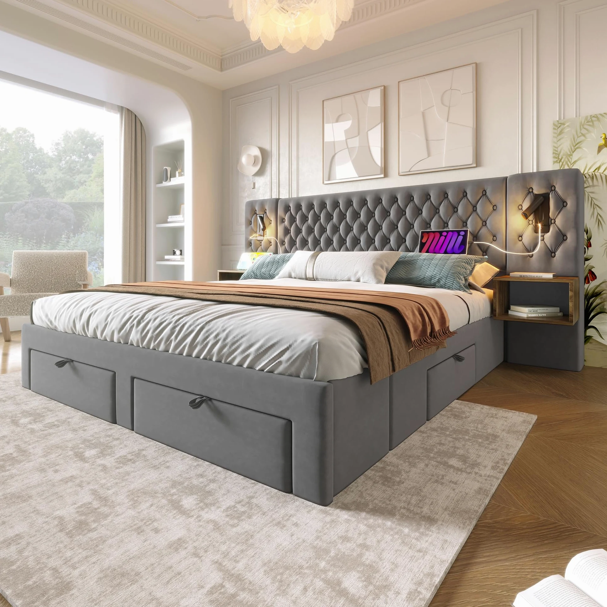 Set Completo per Letto Matrimoniale - Letto Imbottito 180 x 200 cm, Comodini e Cassetti, Lampada da Lettura USB