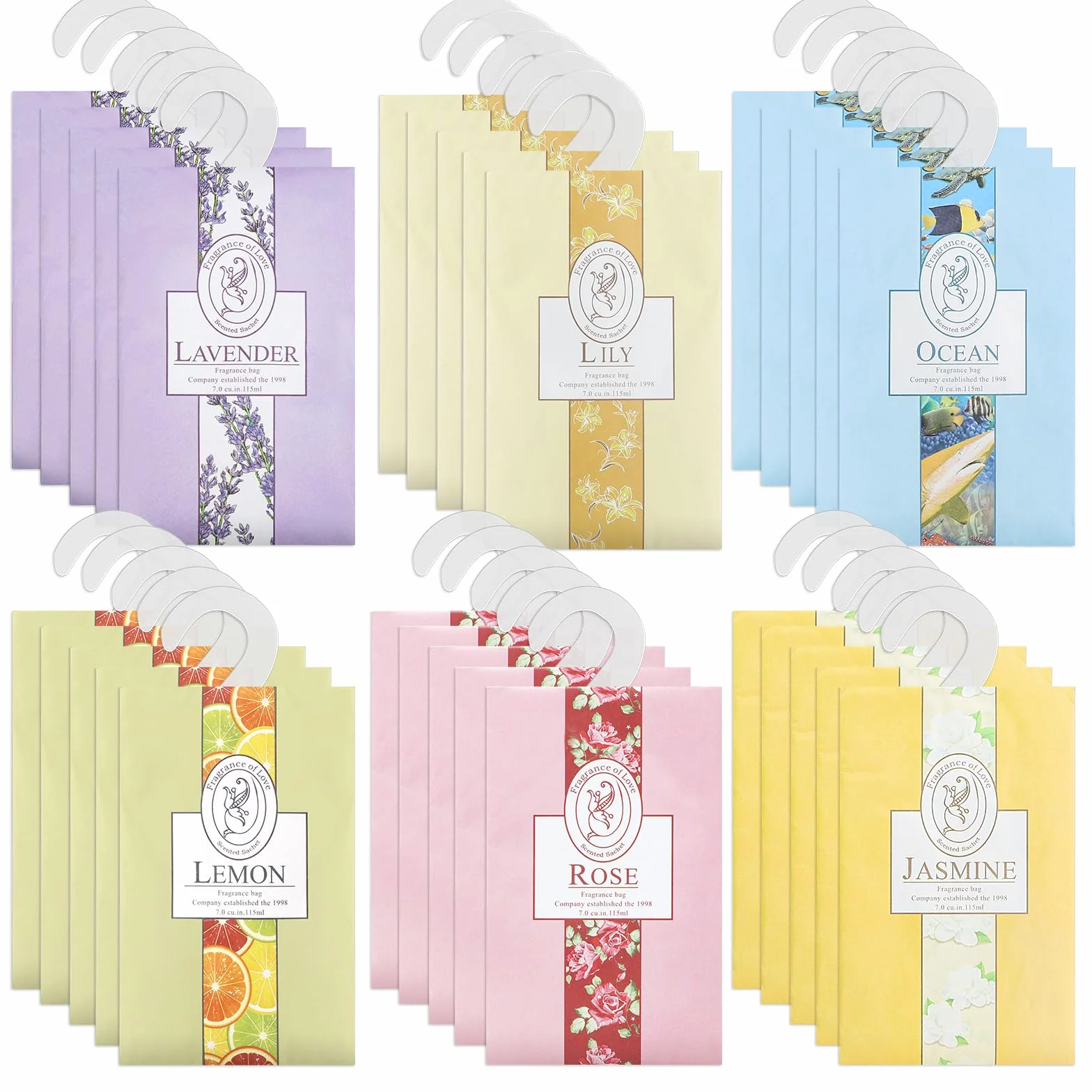 Confezione da 30 sacchetti profumati naturali antitarme, 6 diverse fragranze, deodorante per armadio, con bustine da appendere, deodoranti per guardaroba, carrello da bagno per vestiti
