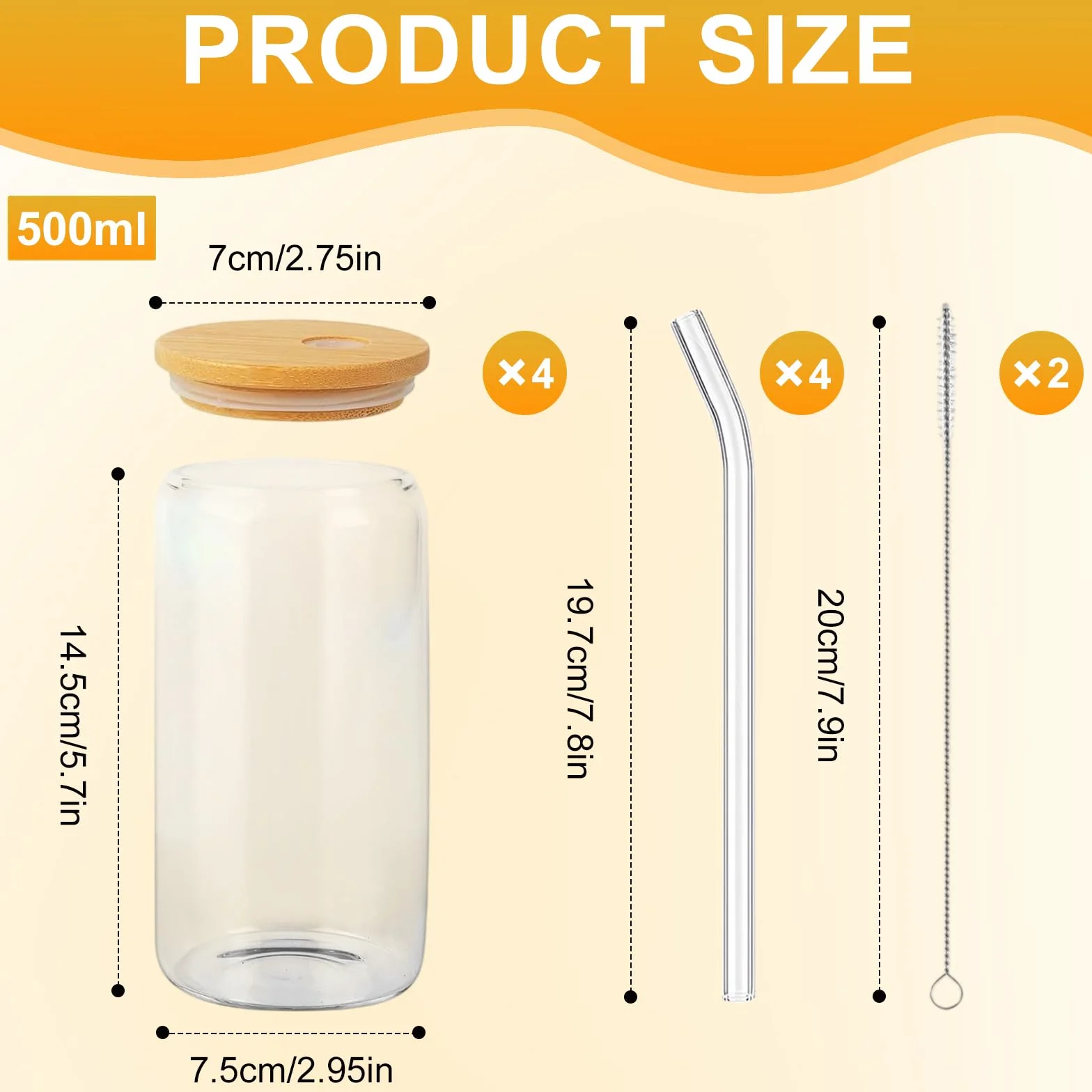 Bicchieri da Caffè in Vetro Riutilizzabili 500ml Set di 4 con Cannuccia e Coperchio