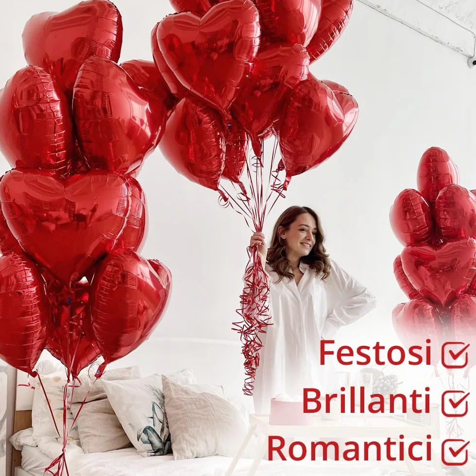 25 Palloncini a Forma di Cuore Rossi ad Elio o Aria per Decorazione Romantica, San Valentino, Anniversario Matrimonio e Fidanzamento