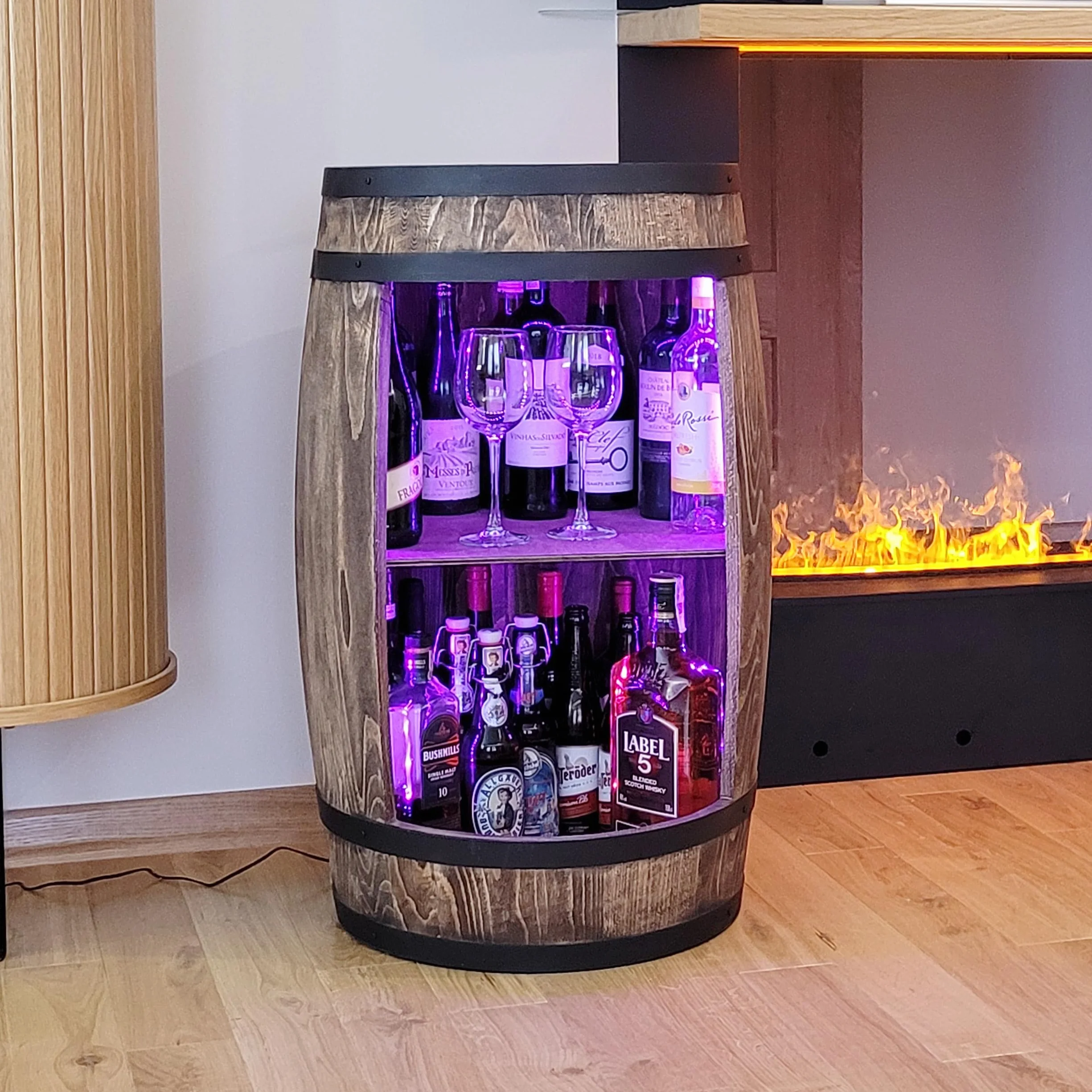 weeco Mobiletto bar a barile in legno con illuminazione a LED RGB, Minibar a forma di botte. Armadietto con ripianoper vini whisky - botte tavolo.Un uomini, Botte per Vino (wengé)