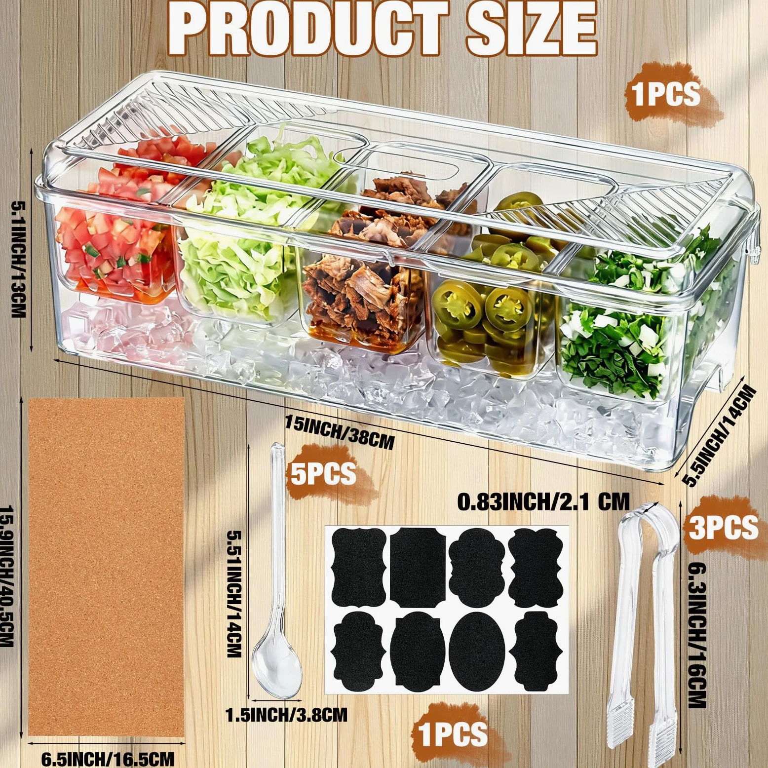 Sieral Set di 11 contenitori trasparenti per condimenti refrigerati con coperchio, tra cui 1 tampone in sughero, 5 cucchiai, 3 clip e adesivi per bar, frutta, insalata, taco e decorazioni per feste