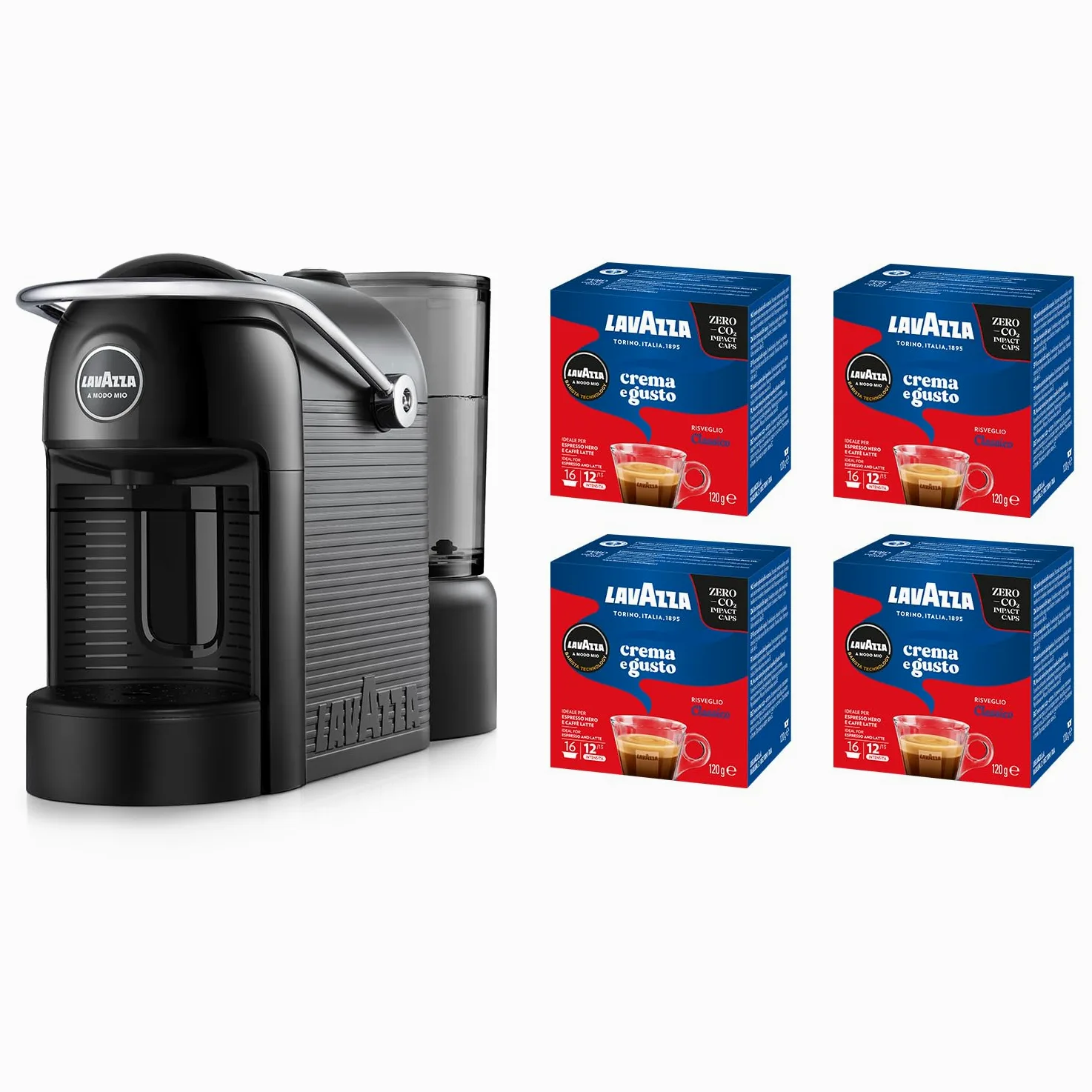 Lavazza A Modo Mio Jolie Evo, Macchina per Caffè Realizzata con 36% di Plastica Riciclata, Macchina Espresso con 64 Capsule Lavazza A Modo Mio Crema e Gusto Classico Incluse, Nera