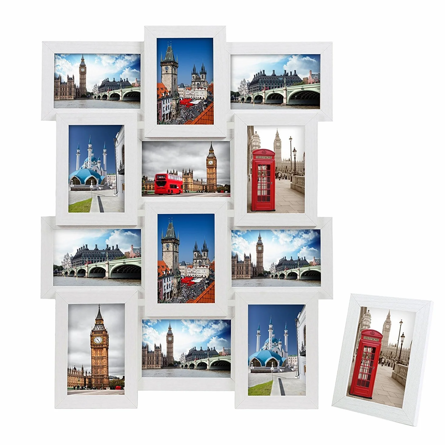 SONGMICS Cornice 10x15 cm Multifoto da Parete Posti di Foto e Un Portafoto Singolo da Tavolo Bianco con Venatura del Legno RPF112W, Confezione da 12, unità