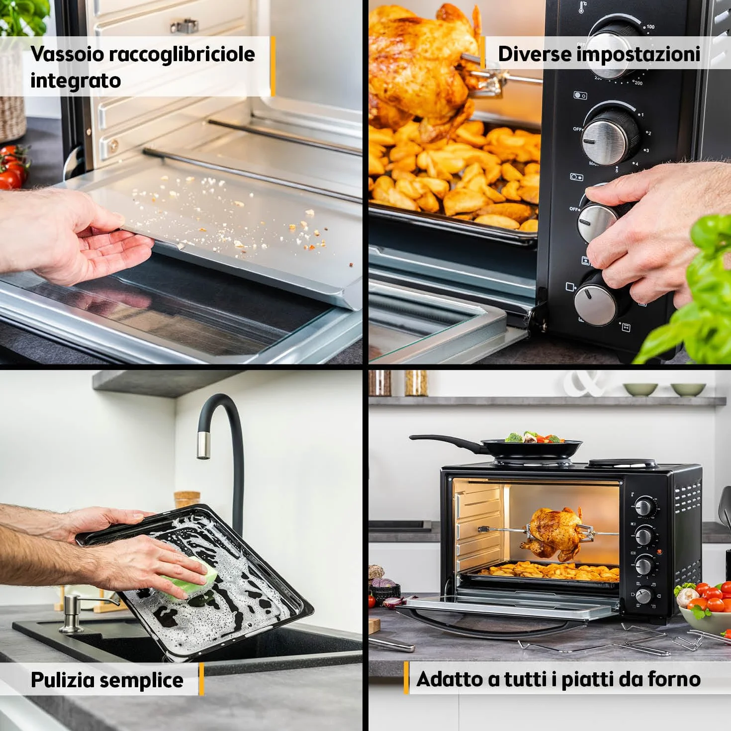 TZS First Austria - Mini Forno con fornelli 30L 3200 W - Fornetto per pizza con piastre fino a 230°C e 6 modalità di riscaldamento - Multiforno con 4 altezze di inserimento e accessori di alta qualità