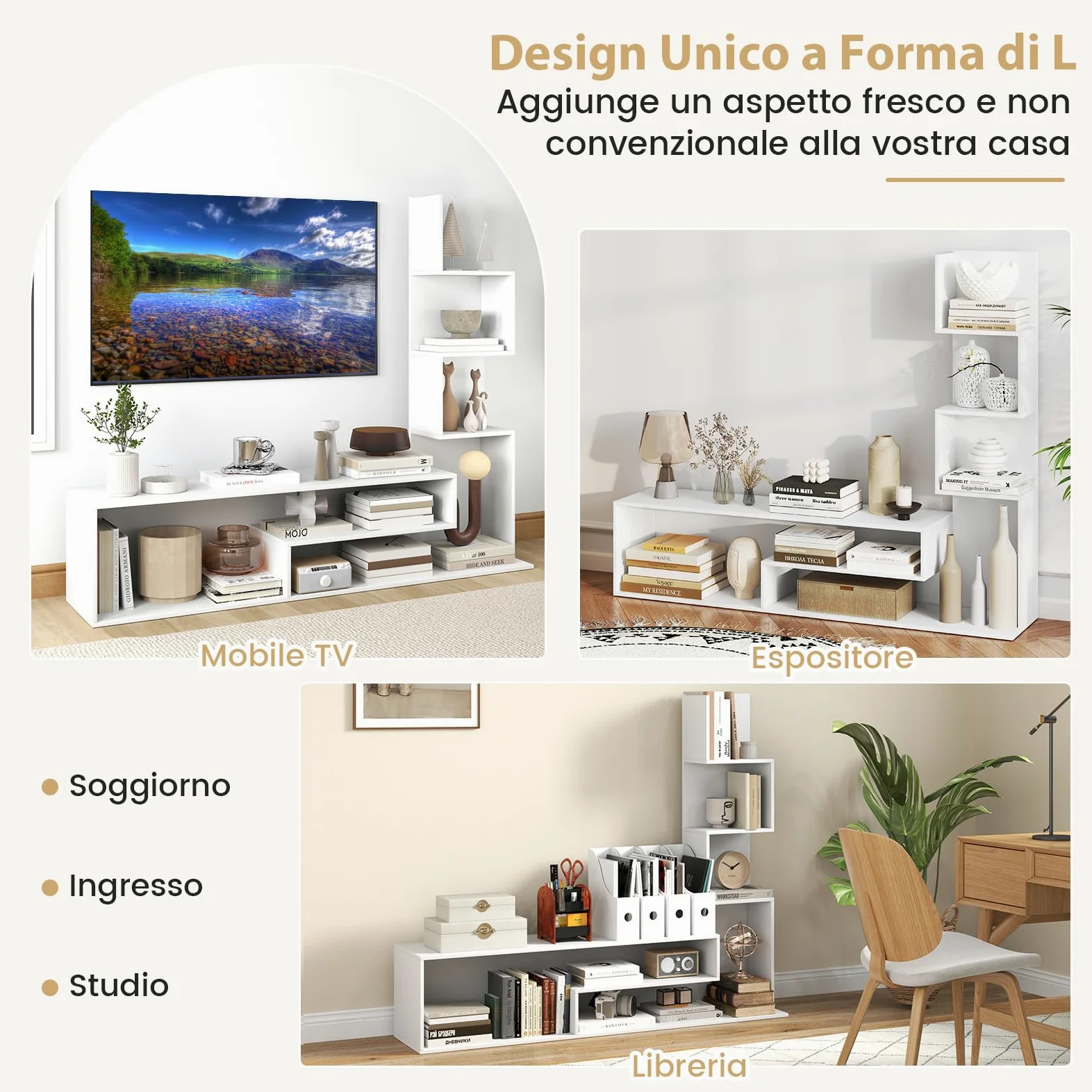 COSTWAY Mobile per TV a Cubi per TV Fino a 50”, Tavolo Console Media con Mensole di Stoccaggio a Forma di L e Scomparti Aperti, Centro di Intrattenimento per Soggiorno, Ingresso (Bianco)