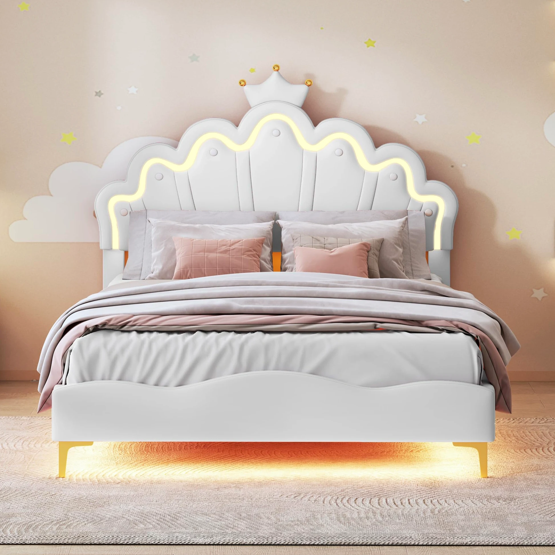 Letto per bambini imbottito 140x200 cm con LED, letto doppio per ragazza adolescente, testiera regolabile in altezza, design a forma di corona, rete a doghe, PU, senza materasso (bianco LED
