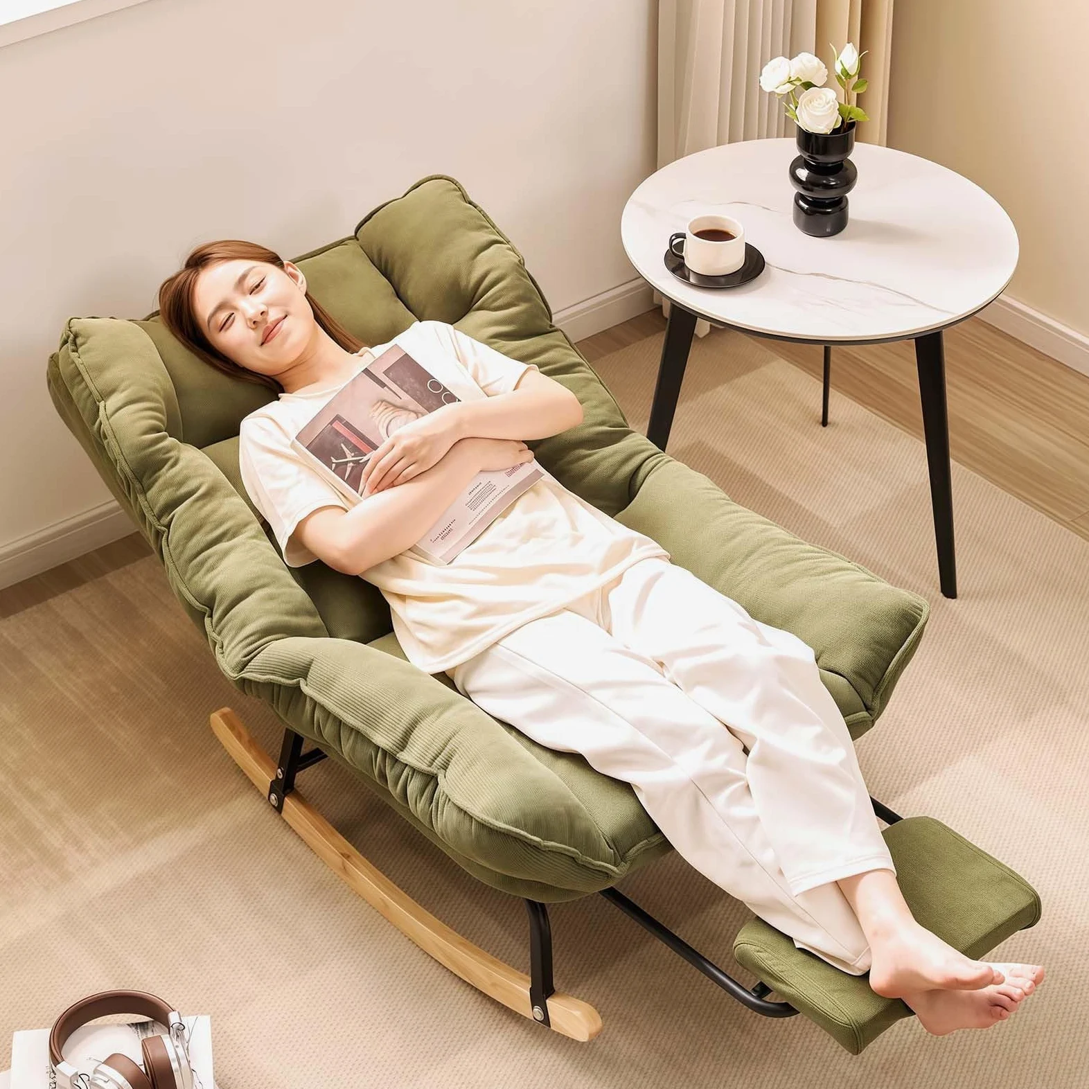 Sedia a dondolo con poggiapiedi e poggiatesta, comoda sedia a dondolo traspirante per camera da letto, schienale regolabile rimovibile, sedia da giardino per esterni, sedie a gravità zero con