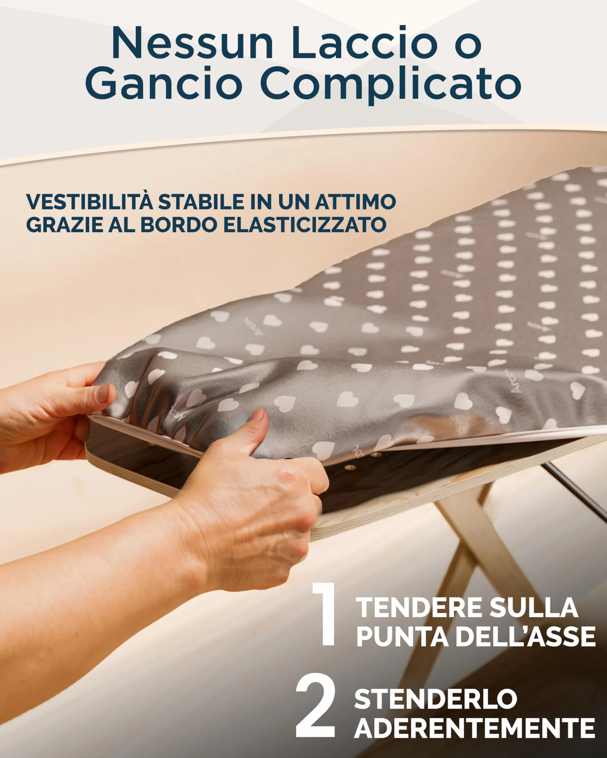 ARCOL Copriasse da Stiro ad Elastico Compatibile per Asse da Stiro Foppapedretti - Made in Italy - Ricambio Copertura asse da Stiro 100% Cotone - Telo asse da stiro (Copertina, Beige Cuori Bianchi)