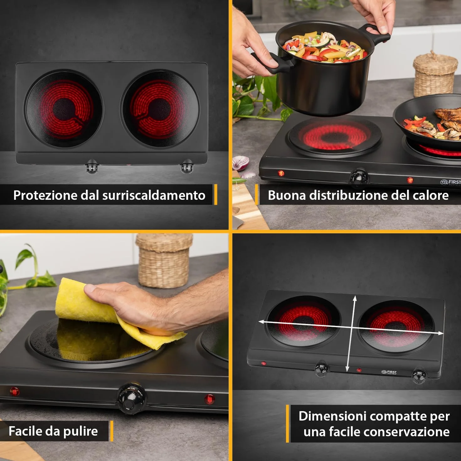 TZS First Austria Piastra di cottura doppia infrarossi vetroceramica 2500W Mini Fornello elettrico