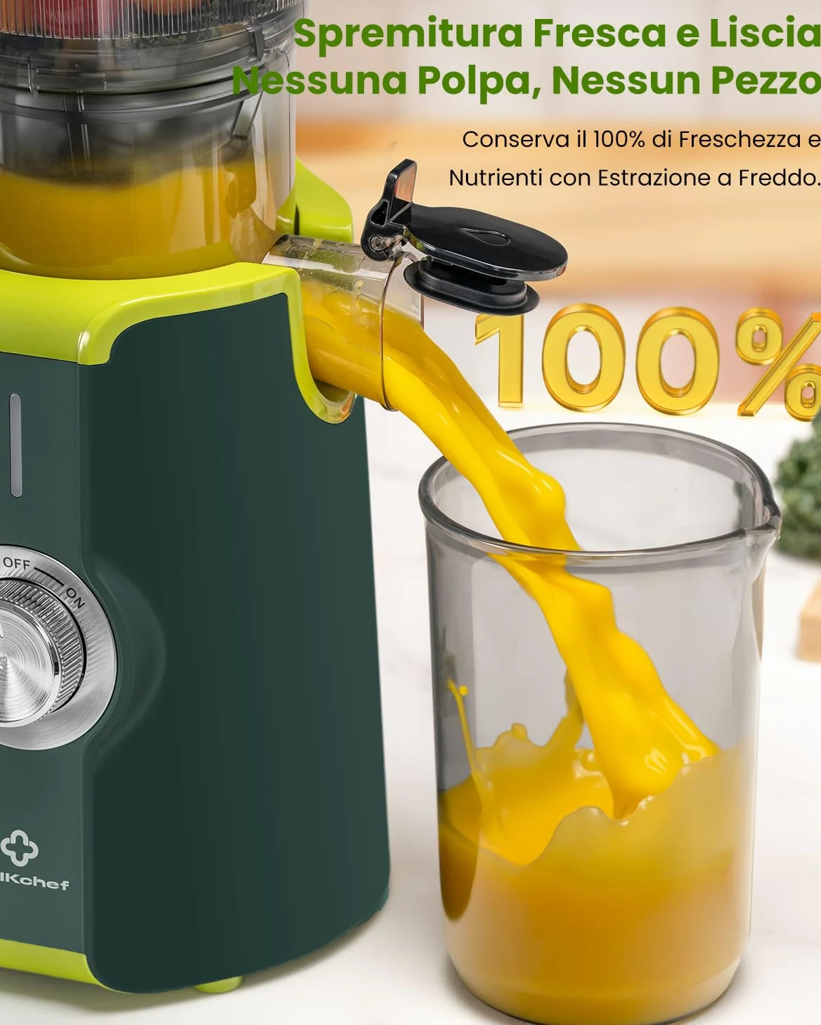 LINKChef Estrattore di Succo a Freddo | 200W Estrattore Frutta e Verdura Intera | Bocca Larga da 115mm | Con Ricettario Incluso | Senza BPA | Facile da Pulire con Funzione Inversa | Verde