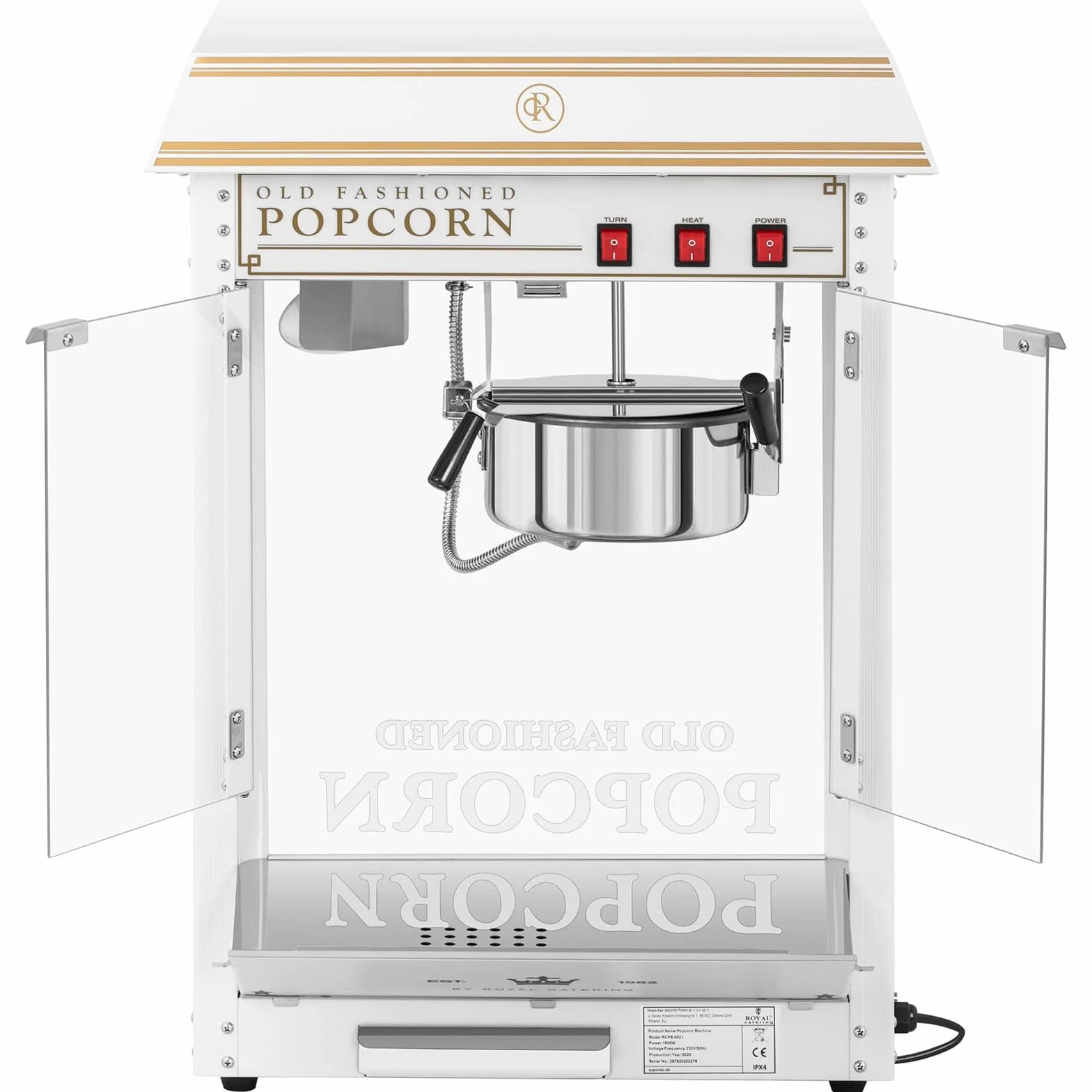 Royal Catering Macchina Per Pop Corn Professionale Macchina Per Fare Pop-Corn RCPS-WG1 (Bianca/Dorata, 1500 W, 5 kg/h, Con Accessori)