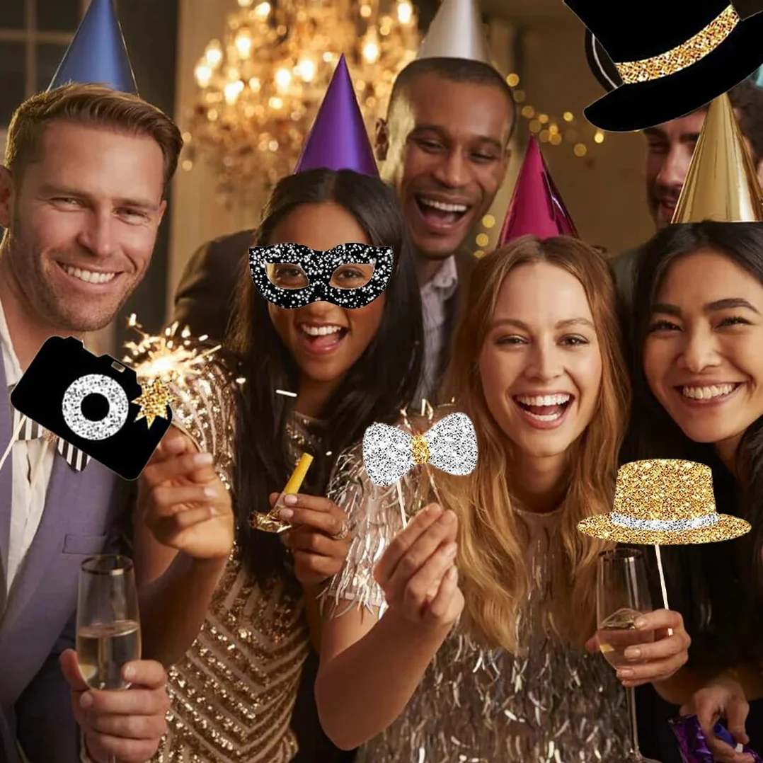 Accessori Photo Booth 30 Pezzi Nero Oro Decorazione Feste Matrimonio Compleanno
