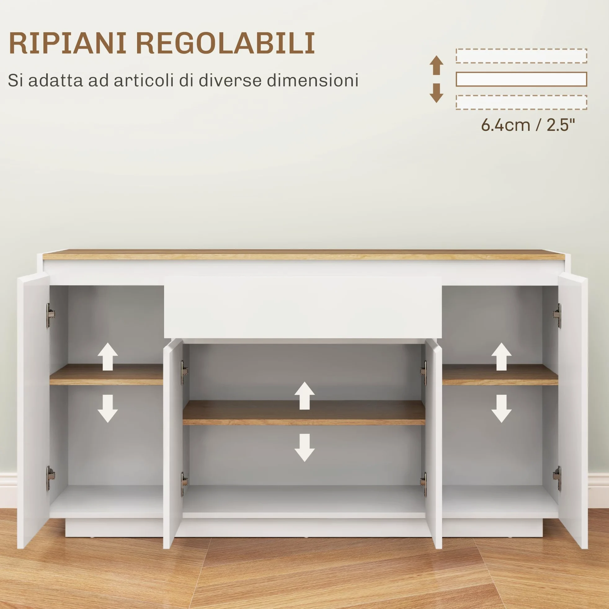 HOMCOM Credenza Cucina con 3 Armadietti a 4 Ante, Mobile Cucina Moderna con Cassetto, Ripiano Regolabile e Ante Soft-Close, Madia in Legno MDF per Soggiorno, Sala da Pranzo, 140x40x75 cm, Bianco