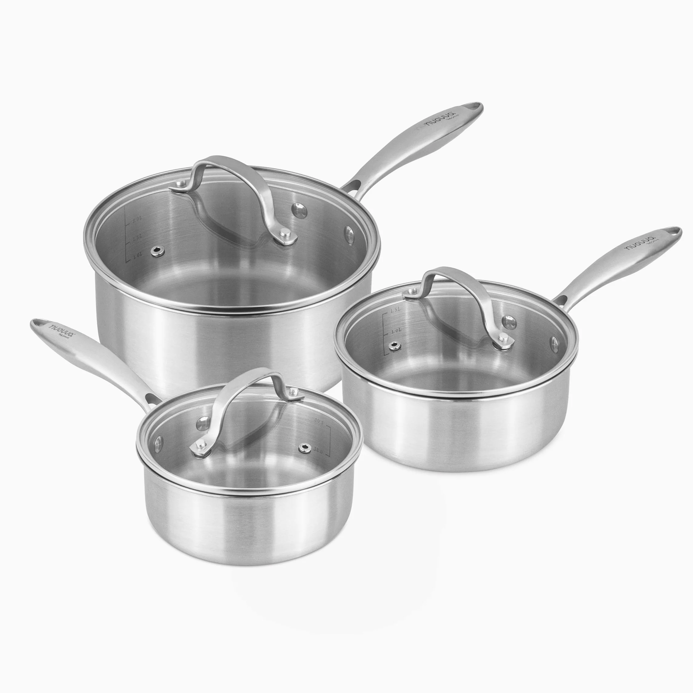 Set di pentole in acciaio inox – Pentole antiaderenti – Pentola in acciaio inox a tre strati adatta a tutti i piani cottura – 6 pezzi 16,7 cm, 18,7 cm e 20,9 cm (3 pentole + 3 coperchi) – by Nuovva